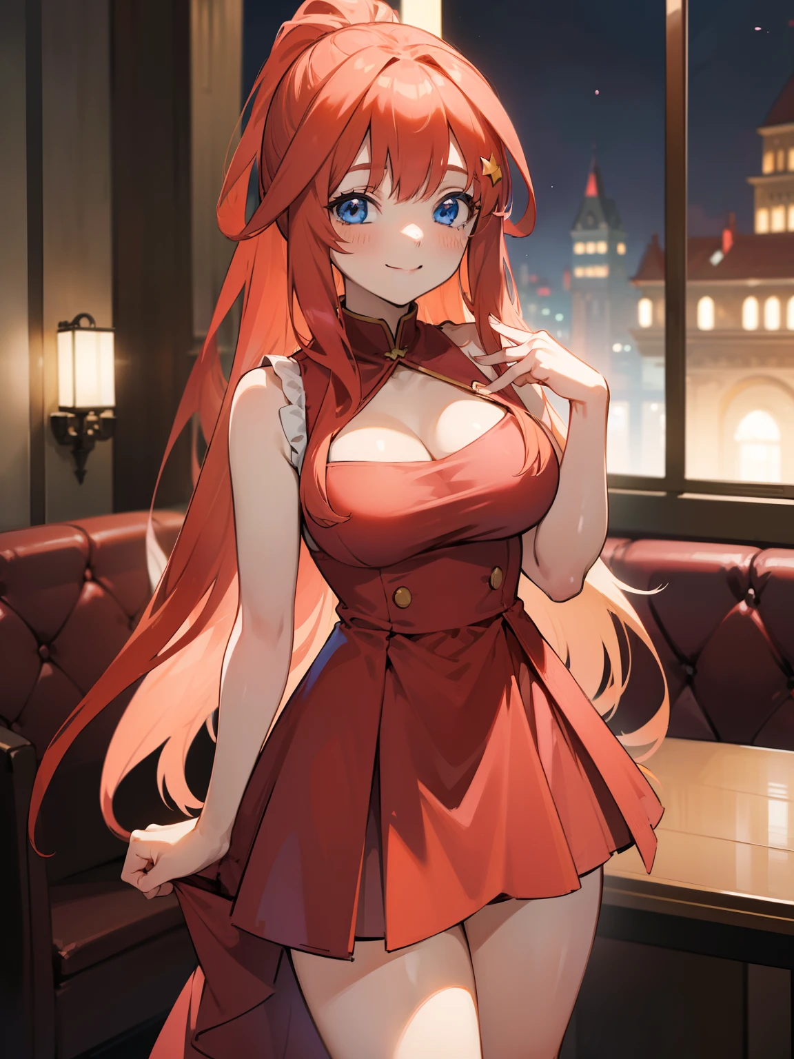 1girl, Anime girl with long hair, anime moe art style, Anime visuals of cute girls, Anime Best Girl, itsuki nakano fanart, pretty anime girl, Smooth Anime CG Art, Seductive Anime Girl, charming anime girls, Cute anime girl, Shining eyes, big boobs, ((looking at viewer)), (((((indecent smile))))), red hair, blue eyes, ((((revealing clothes)))), (((bussy fancy restaurant))), glass of wine, cleavage, (((red dress))), ponytail, people, thick thighs, ((((gala)))), night, sleeveless