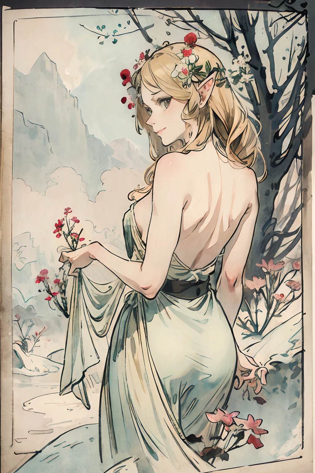 SFW,masutepiece, Best Quality, High resolution, 1girl in, Full body, Details Girl, detail hands, Detail fingers, Detail Face, detail legs, 1girl in, elf, Looking down, Flower Garden, Black sky, smog, watercolor paiting, pale skin, Petite, Blonde hair, Long hair, Wavy Hair, saddened, mournful smile, Green eyes, tareme, medium breasts, white sundress, Bare back, Planting trees