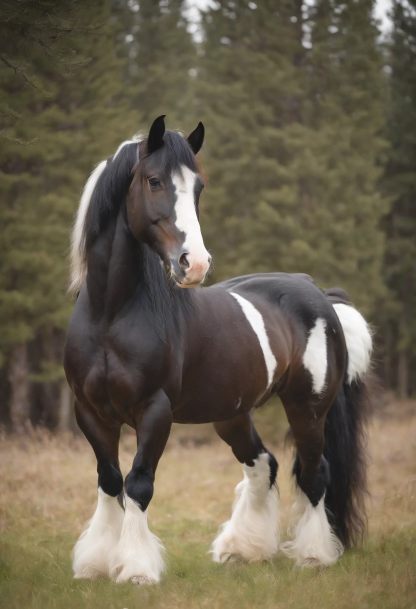 Gypsy Vanner horse, with black skin with white lightning-shaped spots, photorealistic, 4k, in the middle of a grassy field with pine trees around, with a leather saddle, snowing, with fur on its hooves.