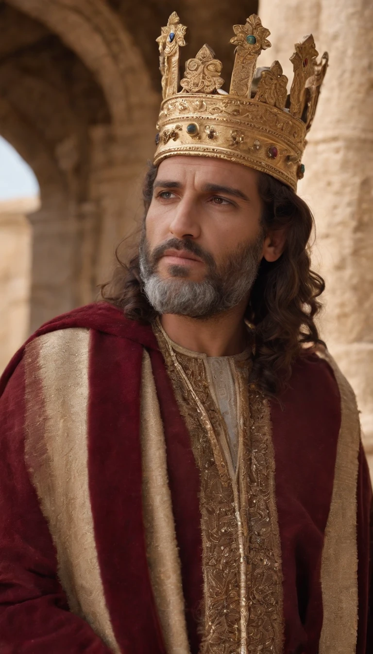 "Describe Hezekiah, the king of Judah in the eighth century BC.C., Como un hombre de mediana edad con cabello oscuro y una barba bien cuidada. He is dressed in royal costumes adorned with earthy colors and wears a gold crown encrusted with gems... Hezekiah in front of the temple in Jerusalem, Un impresionante edificio con majestuosas columnas, as he reflects on the challenges of leading his kingdom through a turbulent time."