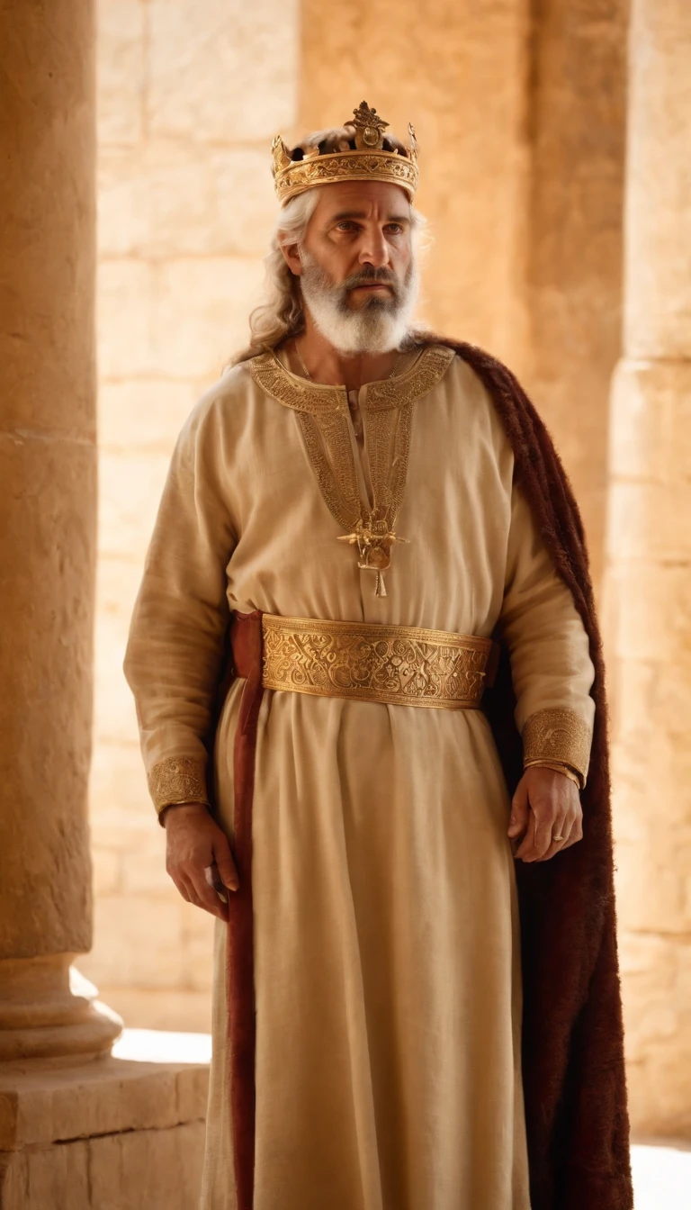 "Describe Hezekiah, the king of Judah in the eighth century BC.C., Como un hombre de mediana edad con cabello oscuro y una barba bien cuidada. He is dressed in royal costumes adorned with earthy colors and wears a gold crown encrusted with gems... Hezekiah in front of the temple in Jerusalem, Un impresionante edificio con majestuosas columnas, as he reflects on the challenges of leading his kingdom through a turbulent time."