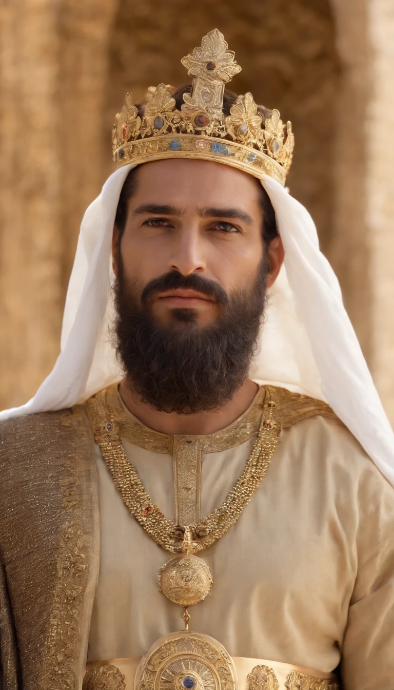 "Descreva Ezequias, the king of Judah in the eighth century to.C., como um homem de meia-idade com cabelos escuros e barba bem cuidada. He is dressed in royal costumes adorned with earthy colors and wears a gold crown with inlaid gems. Hezekiah stands before the temple in Jerusalem, an impressive building with majestic columns, as he reflects on the challenges of leading his kingdom during a turbulent time."