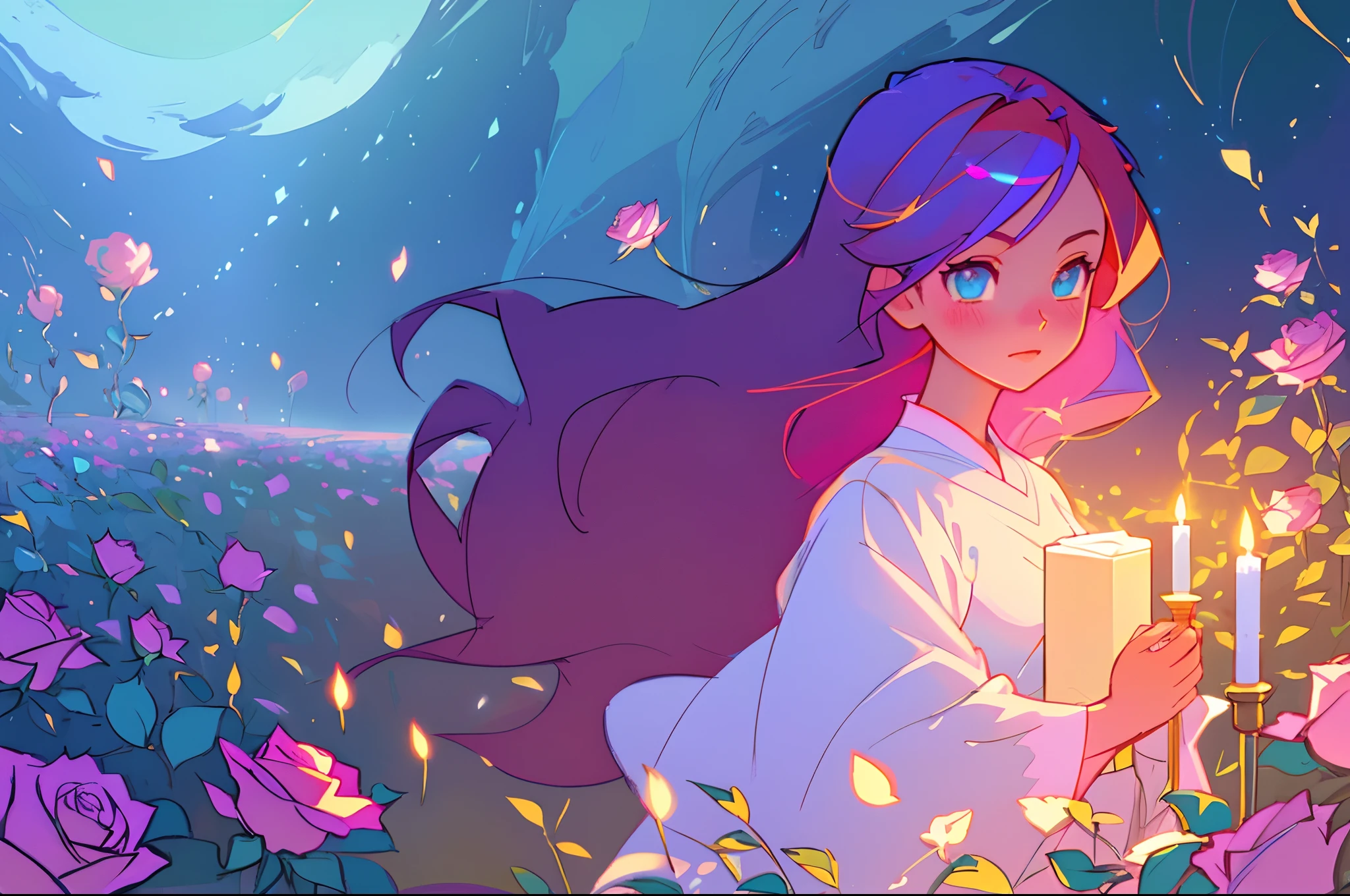 anime, a girl with long hair, flowing white dress, beautiful girl holding a warm glowing candle, long flowing hair, beautiful anime art style, beautiful digital illustration, a beautiful artwork illustration, inspired by Glen Keane, inspired by Lois van Baarle, disney art style, by Lois van Baarle, glowing aura around her, by Glen Keane, jen bartel, glowing lights, masterpiece, best quality, 8k resolution, sharp focus, intricate detail, highly detailed, beautiful face, perfection, golden ratio, (beautiful flowers and roses), fantasia meadow field background