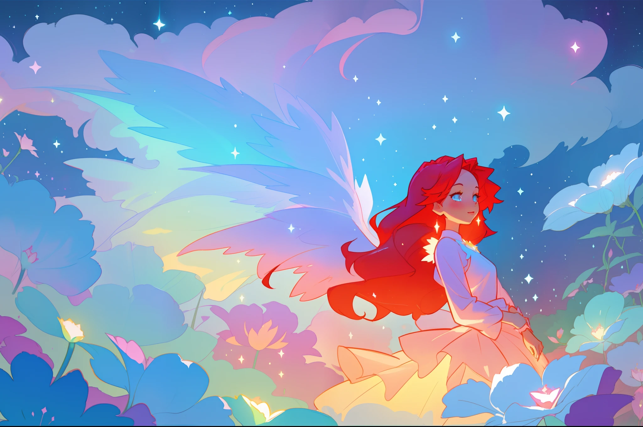beautiful girl in flowing layered puff long sleeve ballgown, (large fairy wings), glowing flowing ballgown, glowing red hair, sparkling fairy wings, watercolor illustration, flowers and colorful plants, inspired by Glen Keane, inspired by Lois van Baarle, disney art style, by Lois van Baarle, glowing aura around her, by Glen Keane, jen bartel, glowing lights! digital painting, flowing glowing hair, glowing flowing hair, beautiful digital illustration, fantasia otherworldly landscape plants flowers, beautiful, masterpiece, best quality, anime disney style