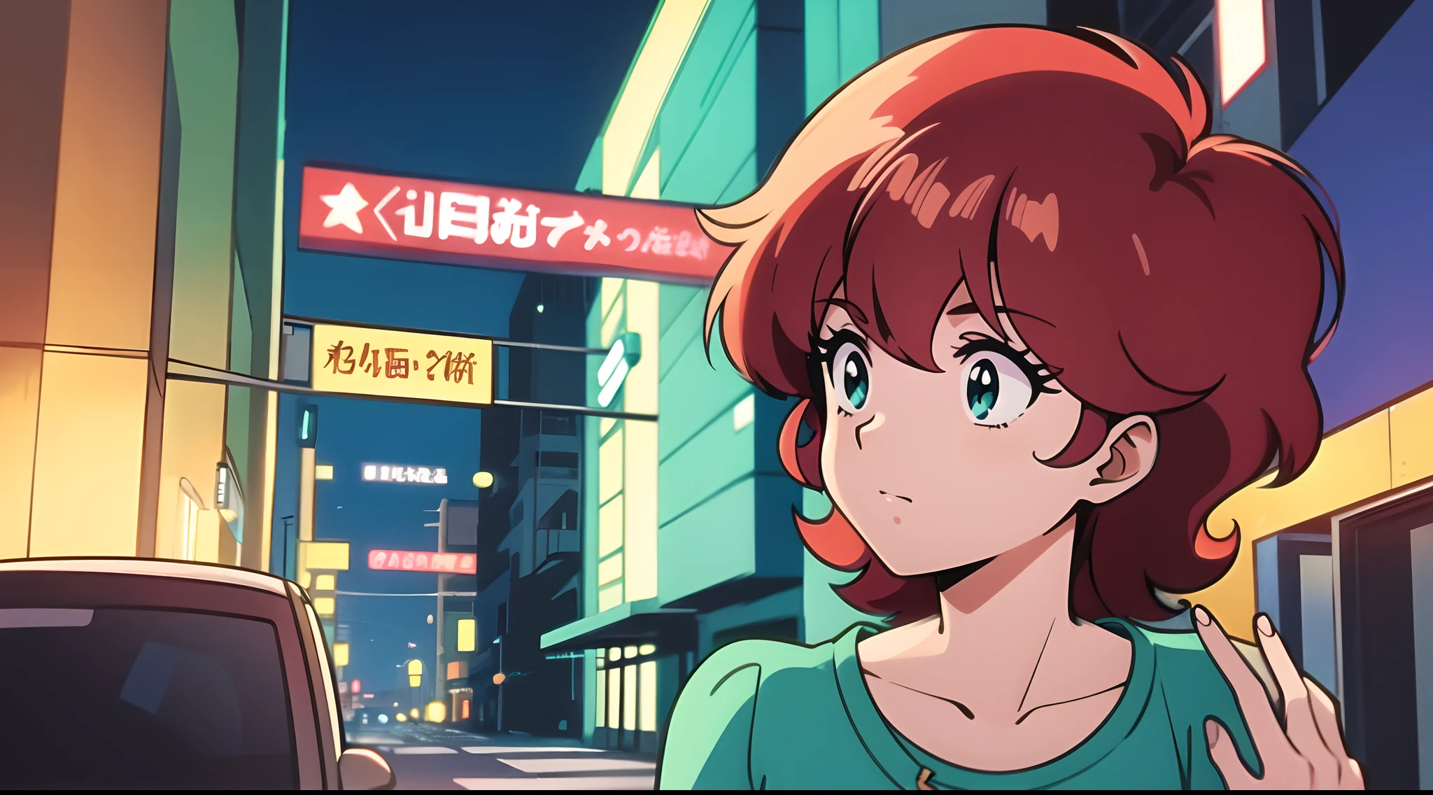a woman with red hair and a green shirt in front of a building at night, lofi, 8 0 s vibe anime, anime vibes, Digital anime illustration, retro anime girl, menina sedutora, Elogio Artstyle, no estilo de arte do anime 8 0 s, estilo anime. 8k, arte digital do anime cyberpunk, anime 4K.