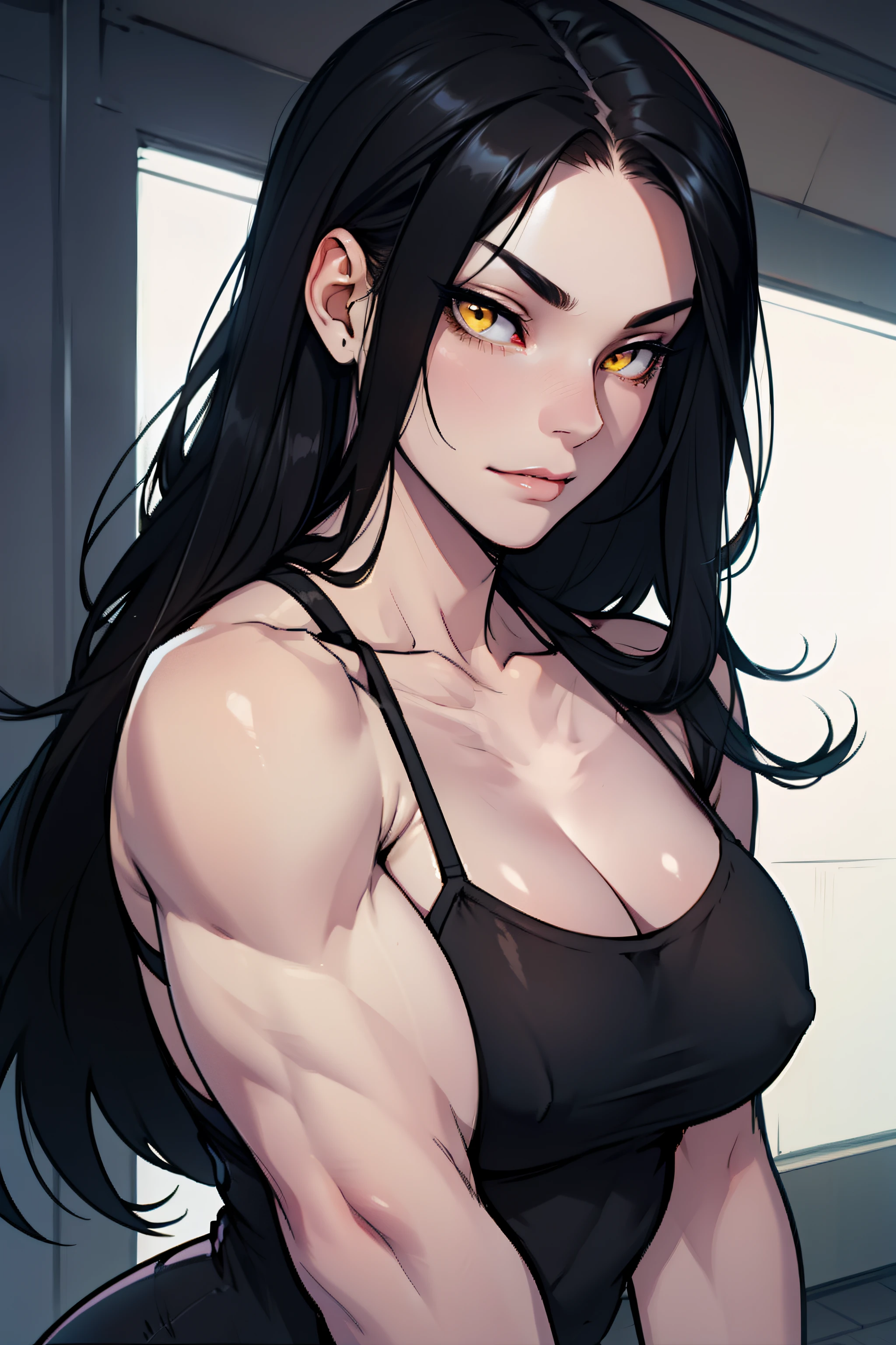 1 girl, black hair, yellow eyes, very long hair, pale skin, seductive expression, curvy, ((extremely muscular)), perky breasts
