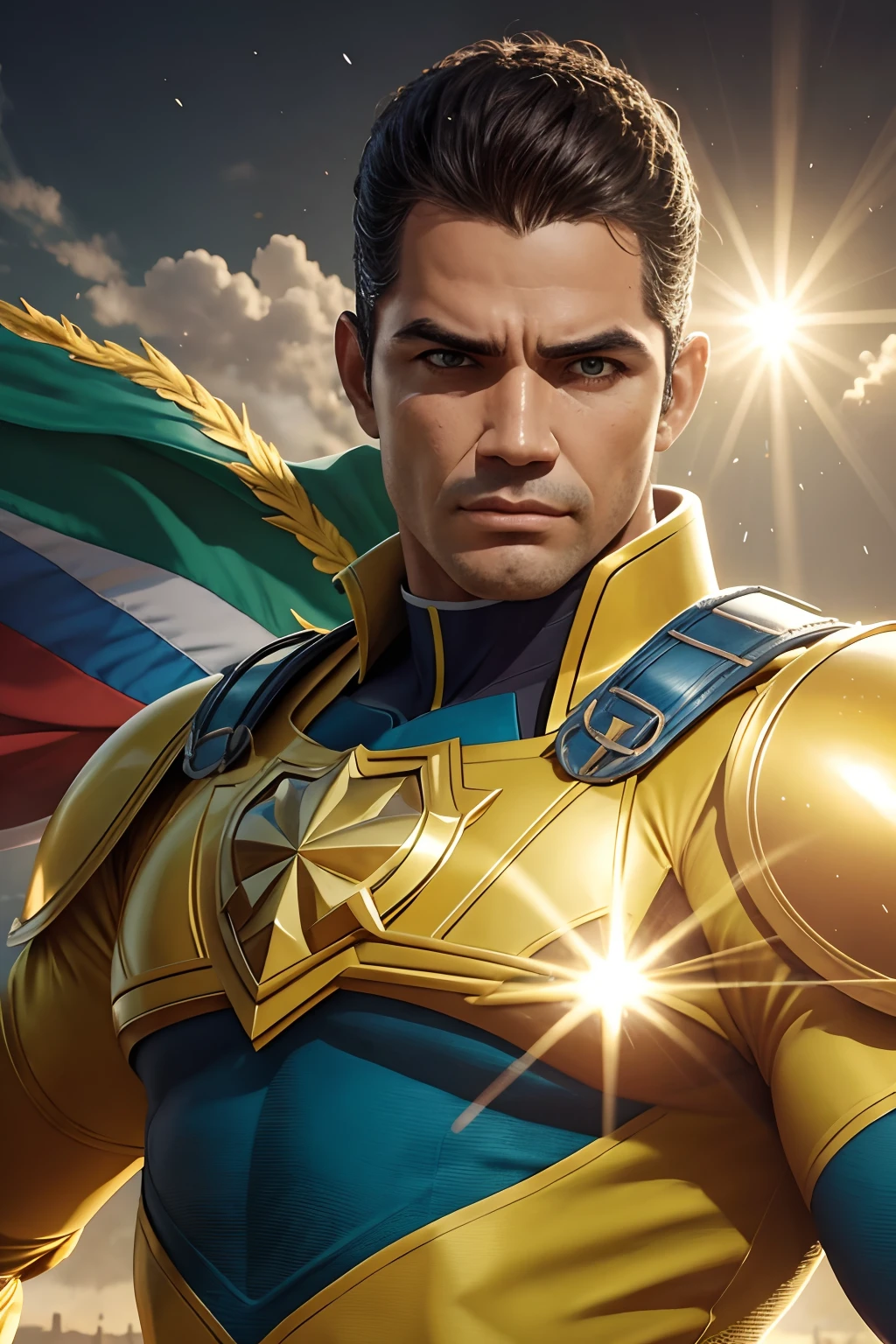 [Super-Homem Brasileiro], [digital illustation], [Estilo Heroico], [Carlos ArteHeroica], [ArtStation], [High definition to highlight the details of the uniform], [Cores vibrantes e vivas], [Radiant sun illumination], [Lente de close-up para mostrar o emblema no peito]