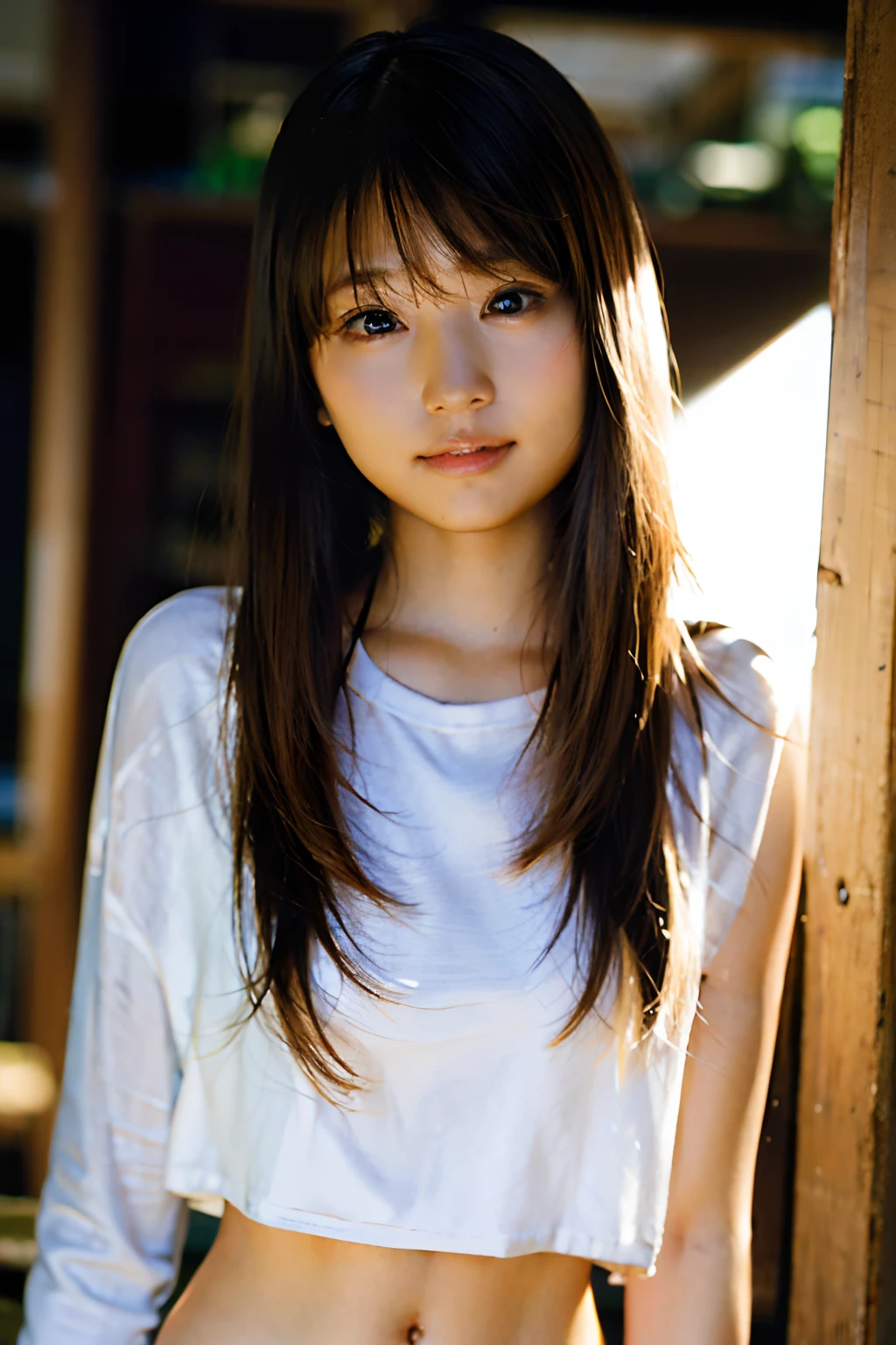 (8k, RAW photo, best quality, masterpiece:1.2), (photorealistic:1.6), (masterpiece),(best quality:1.0), (ultra highres:1.0), detailed, 40yo girl , solo , detailed beautiful skin, Detailed room, realistic skin, medium breasts, best quality, super high resolution, cute, long hair, smile, white shirt, sitting on bed,