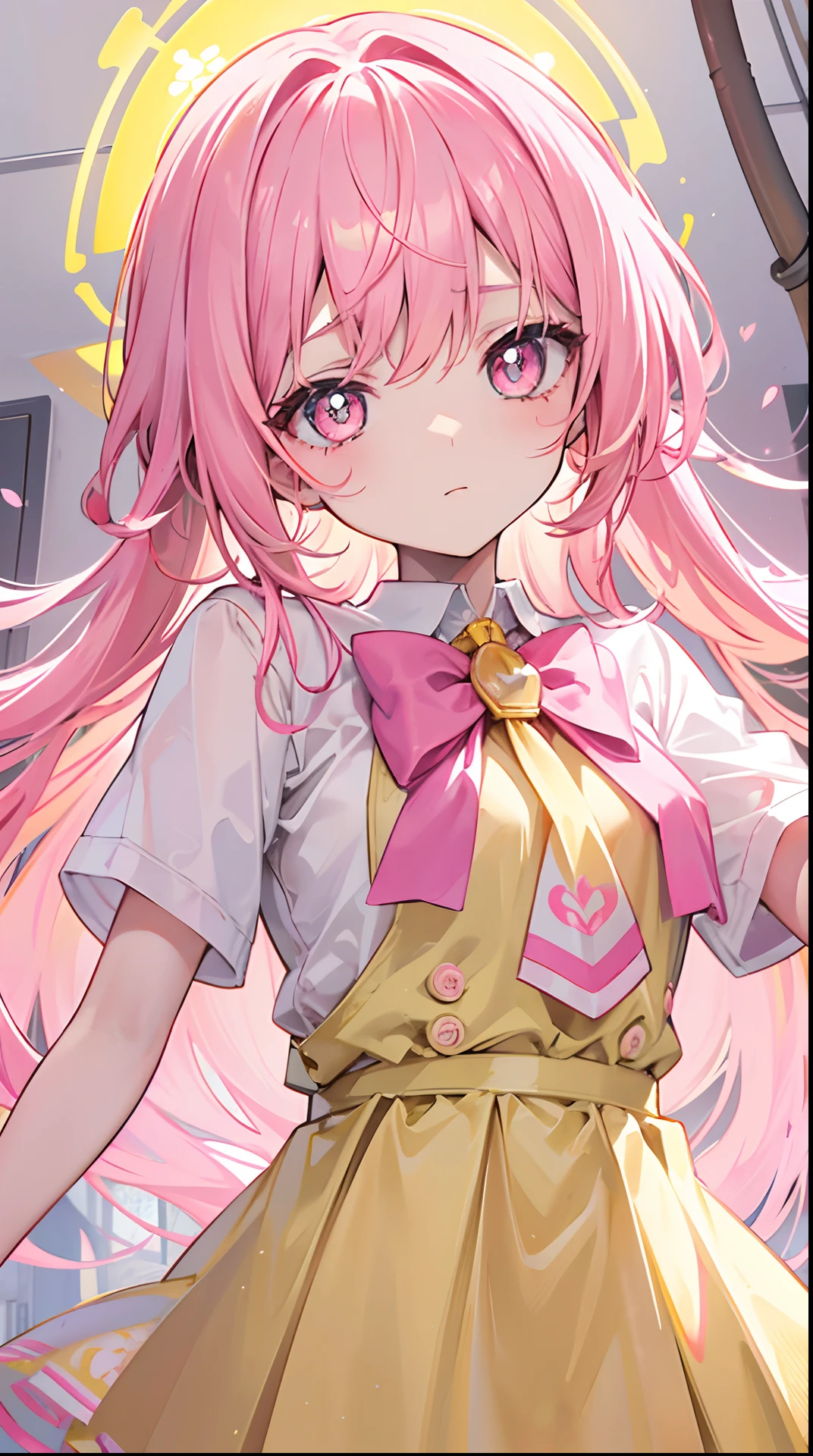 Glowing light pink yellow with hair and pupils，Glow，A very tender face with fluorescence，School uniforms in pink, yellow and white，Sweet loli girl，The whole is shining，