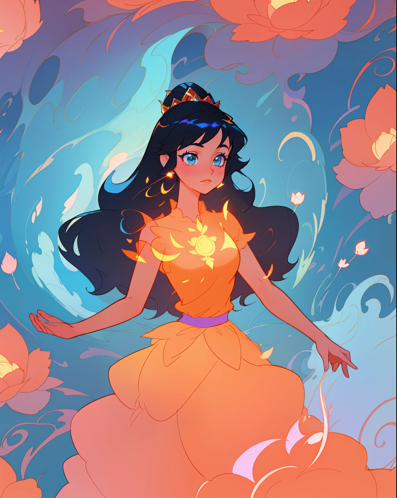 beautiful girl in intricately detailed ballgown, layered puffy ballgown, princess, fantasia abstract background, warm colors, long black hair, beautiful face, perfection, golden ratio, beautiful face, sharp focus, masterpiece, best quality, intricate detail, highly detailed, inspired by Glen Keane, inspired by Lois van Baarle, disney art style, by Lois van Baarle, glowing aura around her, by Glen Keane, jen bartel, glowing lights! digital painting, flowing glowing hair, glowing flowing hair, beautiful digital illustration, fantasia otherworldly landscape plants flowers, beautiful, masterpiece, best quality, anime disney style