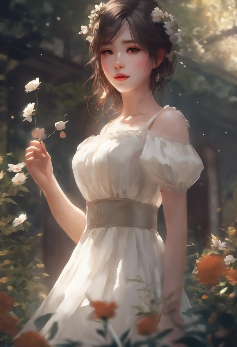 anime girl in a white dress holding a flower in a garden, beautiful anime artwork, beautiful anime art, guweiz on pixiv artstation, guweiz on artstation pixiv, beautiful anime, by Yang J, a beautiful artwork illustration, beautiful anime portrait, artwork in the style of guweiz, anime fantasy artwork, anime art wallpaper 4 k