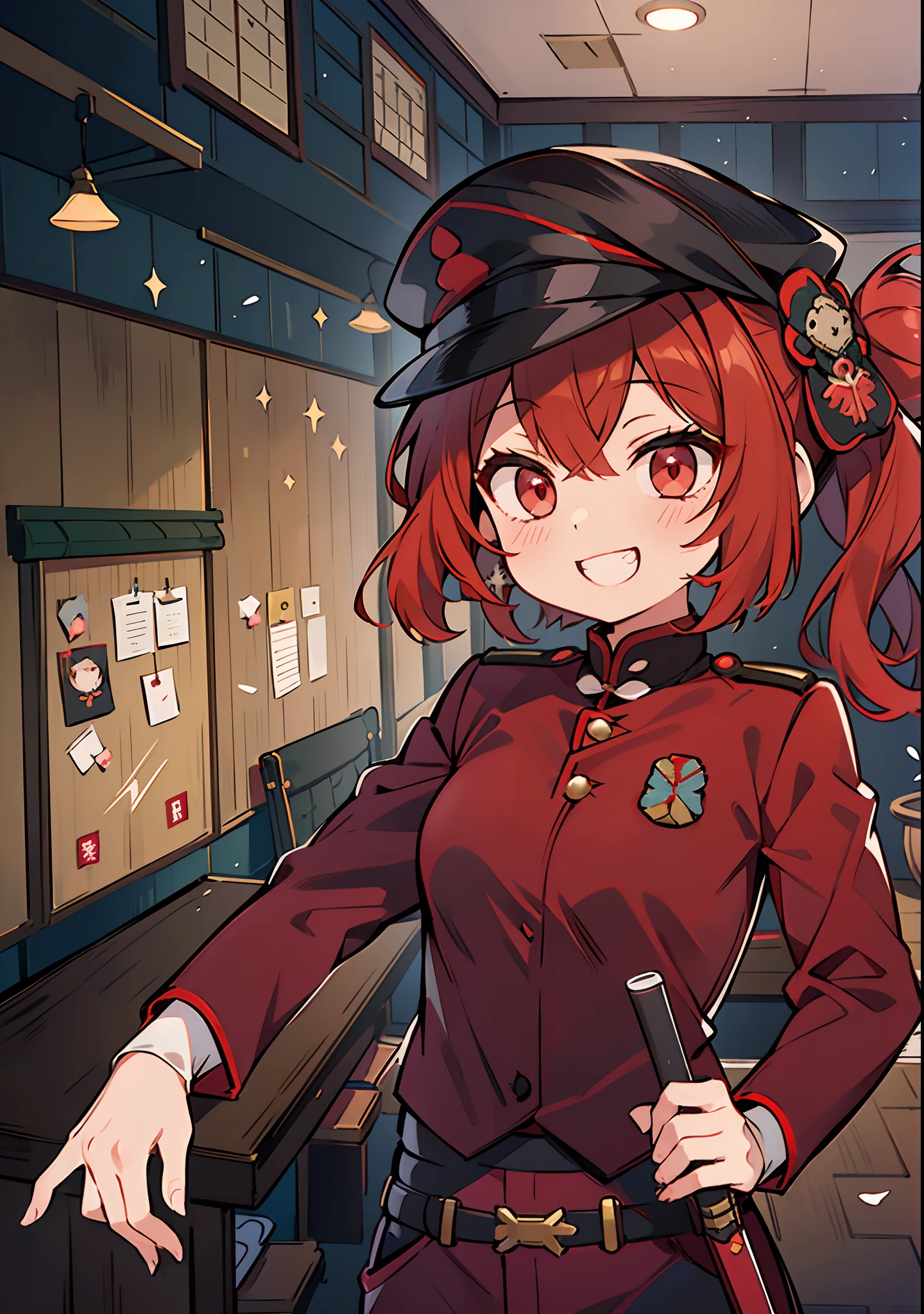 1 girl in, Vermilion hair, Side tail, Red Eyes,    military outfits, Military uniform in pants, kawaii, ((Meeting room background:1.2)), Grinning smile, ((Bungo Stray Dogs)), ((Teruko Okura:1.2)), Colorful, ultra-detailliert, high-level image quality