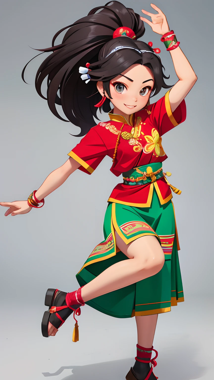 Hmong girls、A smile、full body Esbian、Distinctive ethnic hair ornaments、Characteristic ethnic shoes、Dance Practice