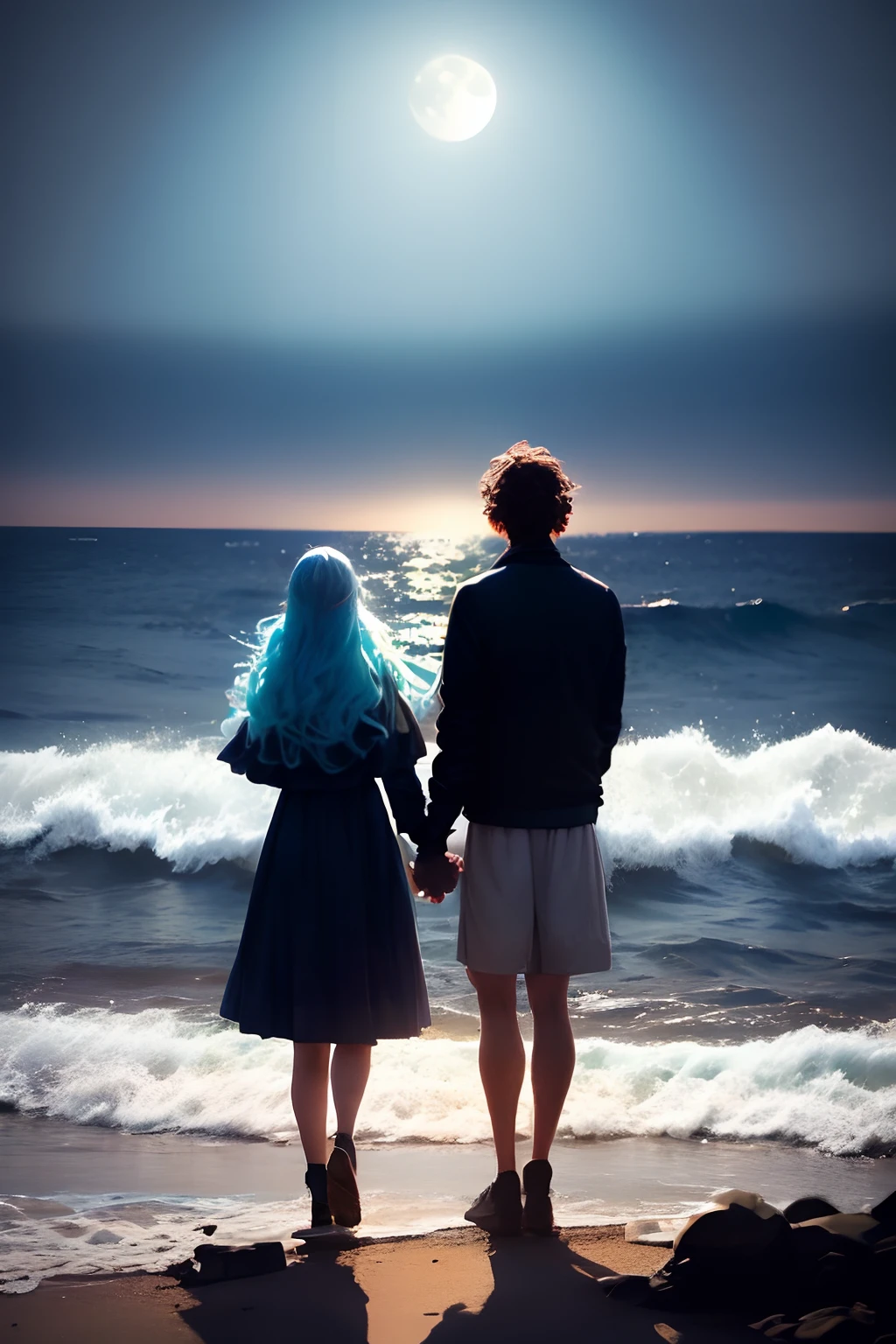 There are two people with blue hair sitting on a rock, sitting on the beach at night, Duas luas puras, Sob as estrelas, In the moonlight, com vista para o oceano, sentado em uma lua, olhando para o horizonte, holding hands in the moonlight, no litoral, Olhando para a lua, Segunda vida, Olhando para a lua cheia, In front of the Moon