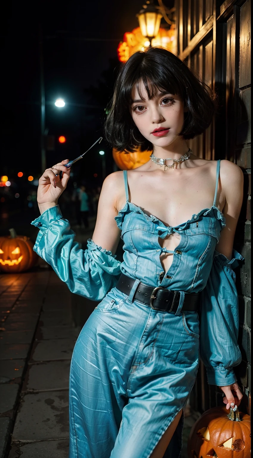 Halloween fashion, vibrant halloween scene, groovy style, nostalgic ambiance, energetic grave floor:0.2 groovy image of a women halloween an 80s outfit, immersed in the vibrant atmosphere of a grave. His attire reflects the fashion trends of the era, soft patterns. The halloween scene is alive with pulsating lights, a lively grave floor, and zombie moving to the rhythm of the bate. The nostalgic ambiance transports viewers back to the vibrant and energetic era of the 80s, capturing the spirit of fun, freedom, and self-expression that defined the halloween culture, black short hair with bangs, midshot, centered image, ultra detail, extremely face detail, extremely eye detail, a girl, small breast