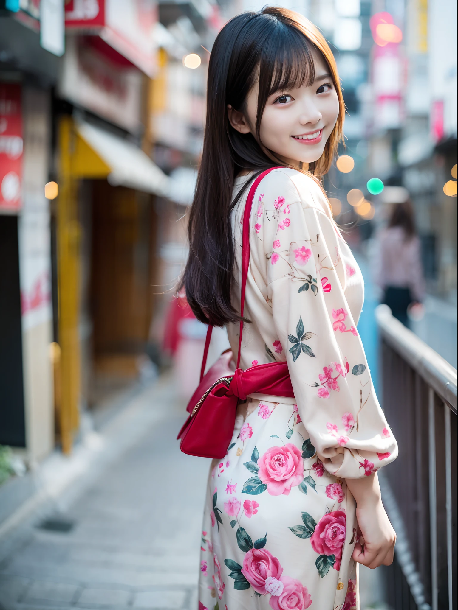 Woman Standing On The Side Of The Street、young asian woman、a photography of a beautiful woman、Japan person model、beautiful young woman with、50mm portrait、60mm portrait、cute young woman、chinaese girl、asian female、Color photo portrait 4k、Soft portrait shots 8k、beautiful young korean woman、 girl、Happy smile