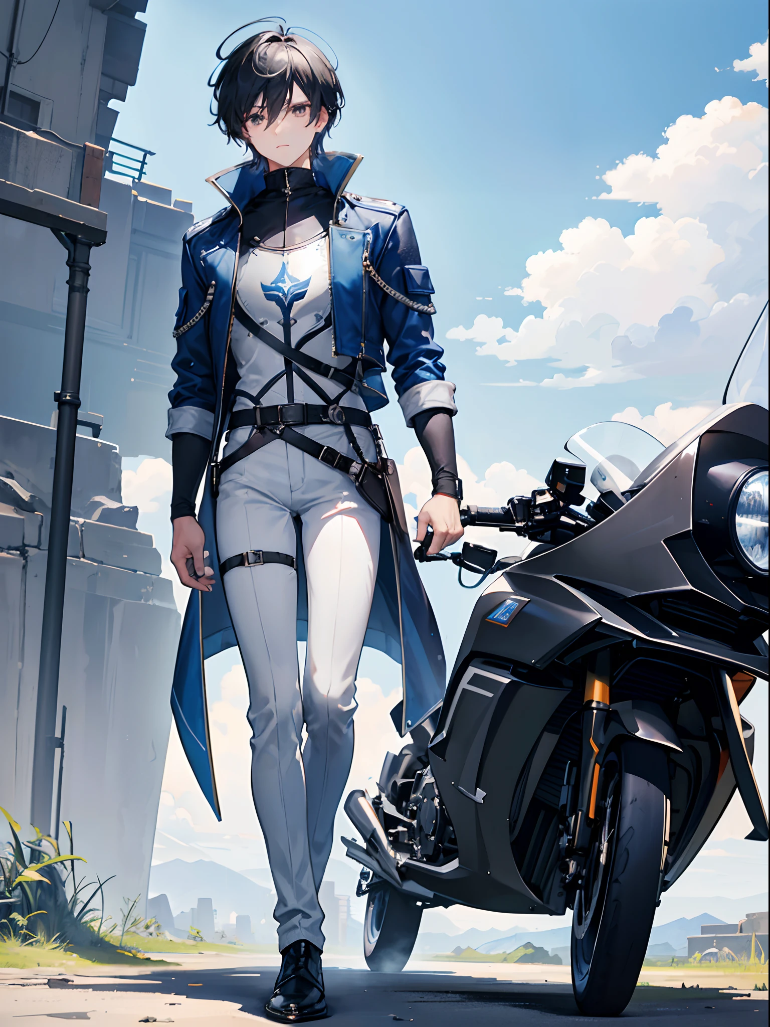 1man, standing, short black hair, gray eyes, blue pants, aviator jacket, white sleeves rolled up, aviator jacket, knight, adventurer, breastplate, grassland, absurdres, high res, ultrasharp, 8K, masterpiece, looking at viewer, blue sky, full body