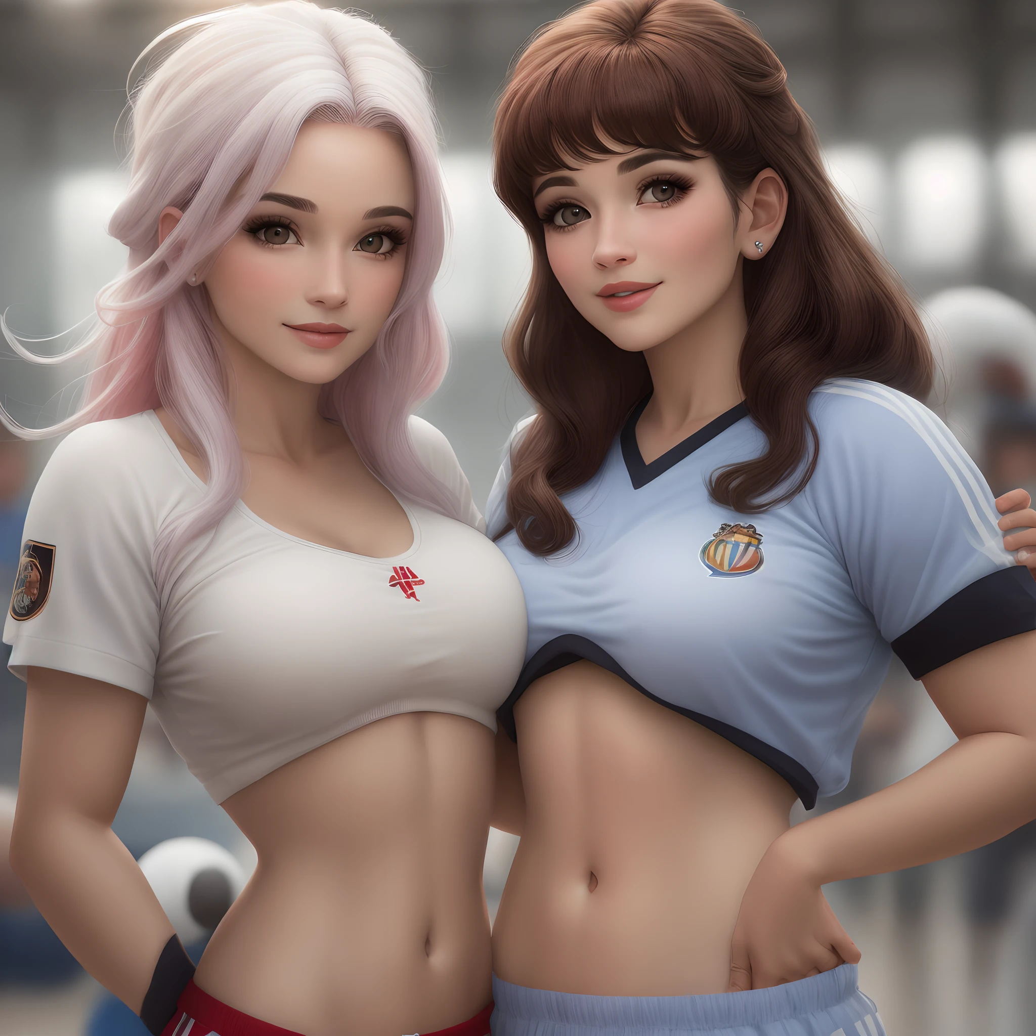 (photo of 2heads),woman,instagram model,oversized blue soccer jersey,no pants, wide shoulders, small freckles,conjoined, ((full body)), (8K, Best Quality, masterpiece), (Realistic, Photorealsitic), of the highest quality, masterpiece, Beautuful female, age female, Small bust, slender, pixie cut short hair, blonde