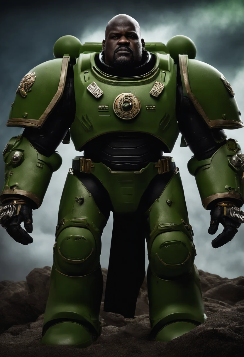 Shaquille o'neal como Um Astartes space marine ,altamente realista, em sua armadura Power armor Cor verde, Ultra realismo, best quality, altos detalhes, Warhammer40k