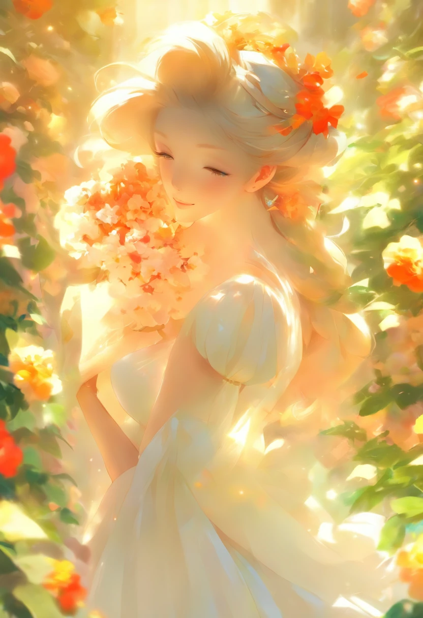 anime girl in a white dress holding a flower in a garden, beautiful anime artwork, beautiful anime art, guweiz on pixiv artstation, guweiz on artstation pixiv, beautiful anime, by Yang J, a beautiful artwork illustration, beautiful anime portrait, artwork in the style of guweiz, anime fantasy artwork, anime art wallpaper 4 k