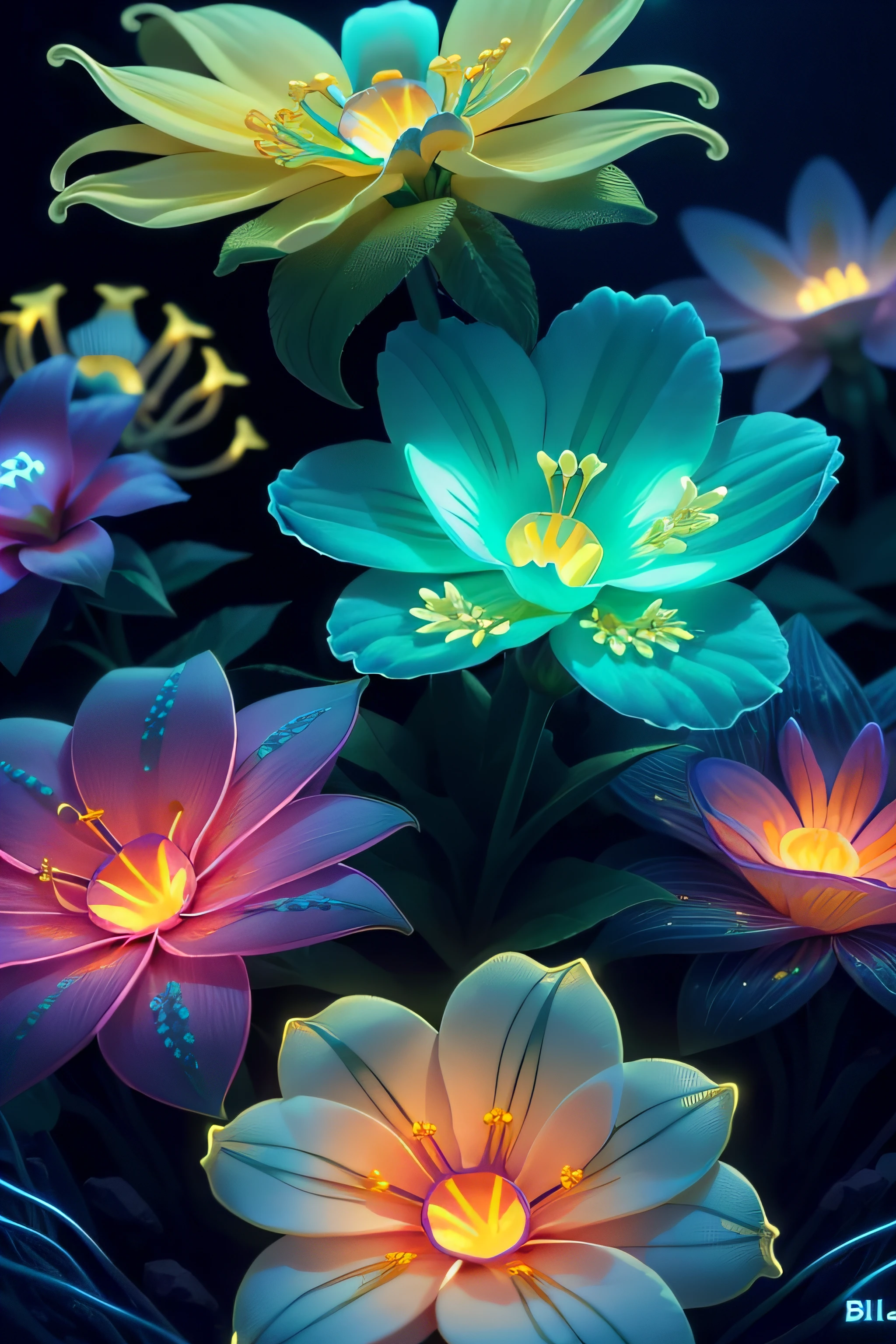 scenery, (flowers:1.5), flowers in background, close up, (bioluminescent:1.5), (gold:1.4),