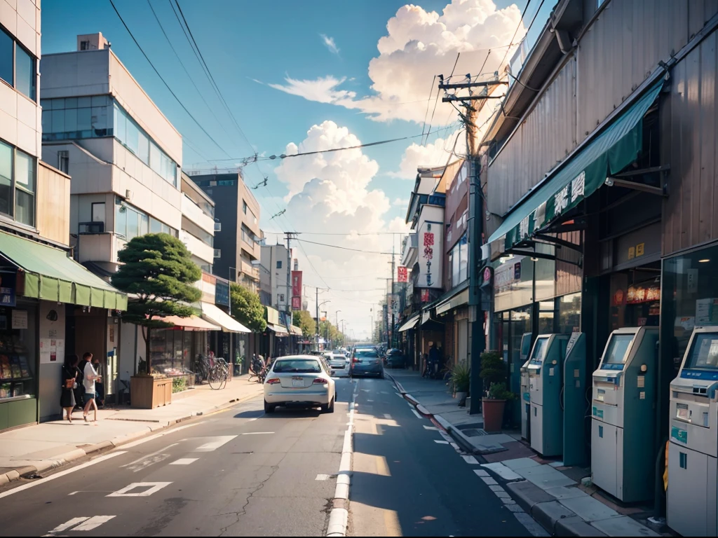 Compact downtown streets in Japan. vending machines, trash cans, Plant pots, offtake, ventania, fish tank, pipelines, electrical wires, A sign of a large Japanese store, 复古Japan Shop Width. (No one :1), Can't see people.Skysky,Cumulus pale