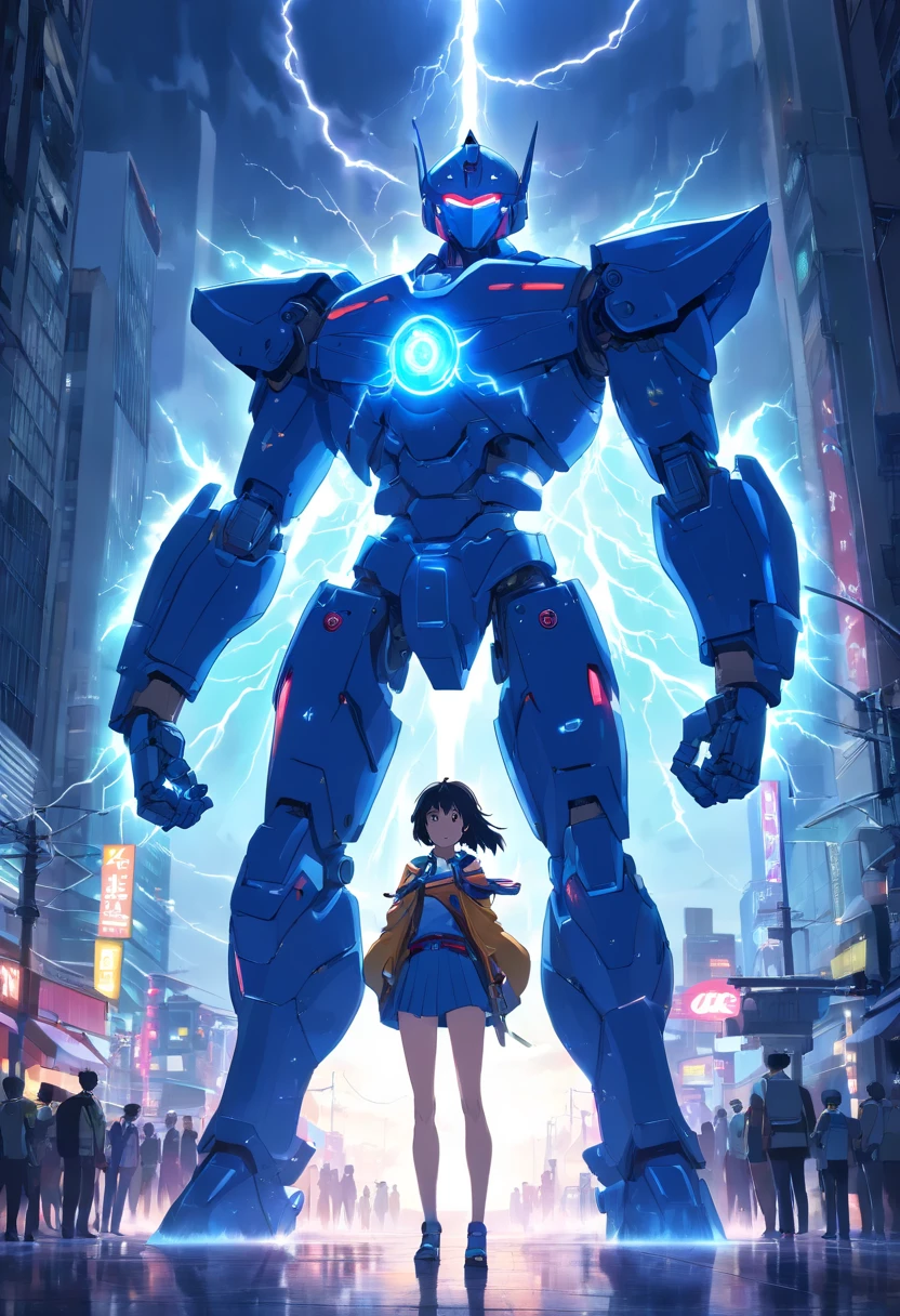 Blue Ghost Hunter, (Giant: 1.6), Super Cool Ghost Killer, Wearing blue mechanical armor, Surrounded by lightning, holding samurai sword, standing at front, super detailed, Realistic, shiny, Reflective, bio luminescent, Galaxy Control Mask, mechs, (Hanged Executioner:1.2), Cape, SH4G0D, GlowingRunes_Red, Full body, movie, Dark background, Backlight, High contrast, Advanced metropolis