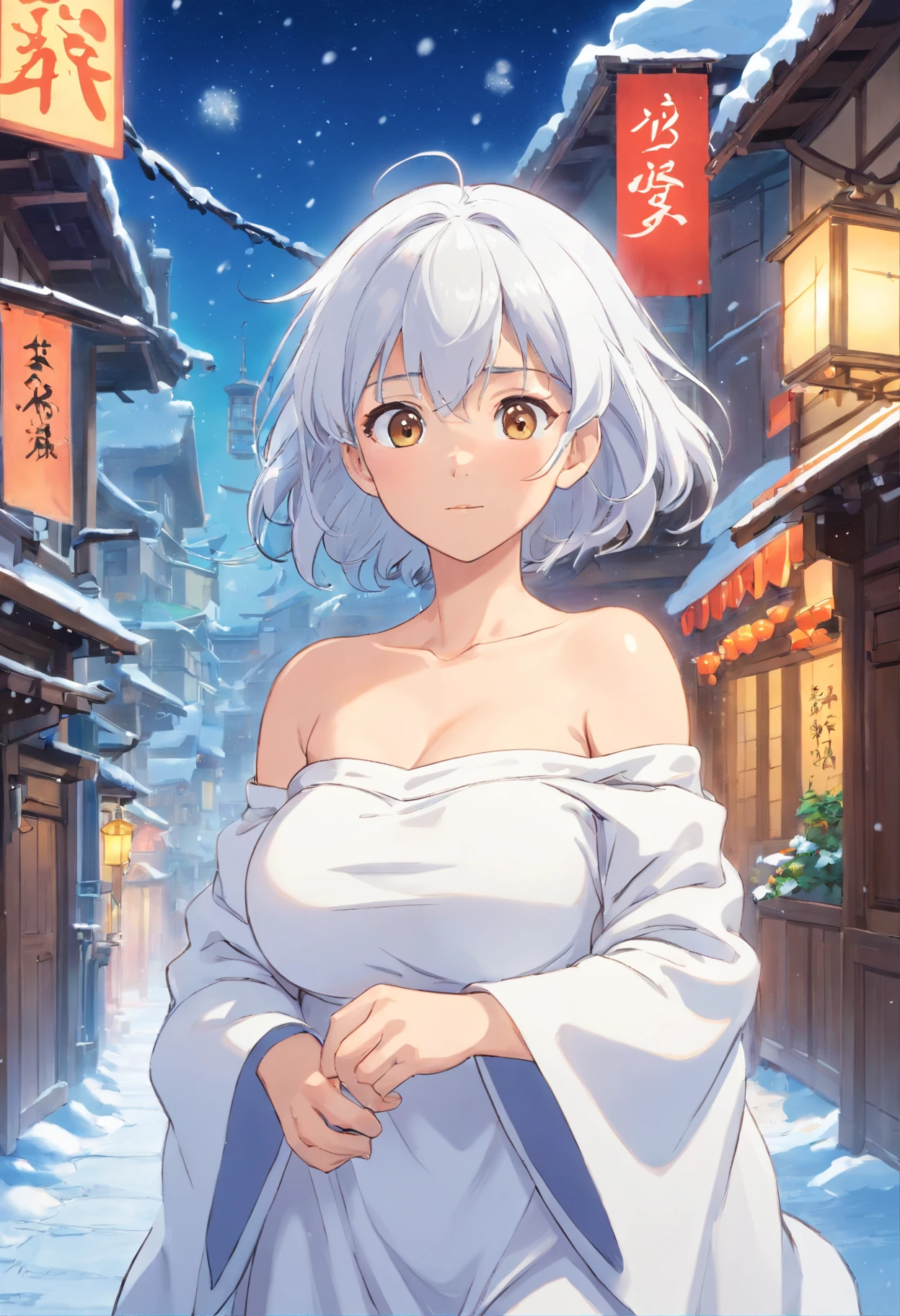 one-girl,White clothes,Off-the-shoulder attire,White hair,Huge breasts,cleavage,,Ice and snow,In the snow,Blizzarding,the street,neonlight,Open navel