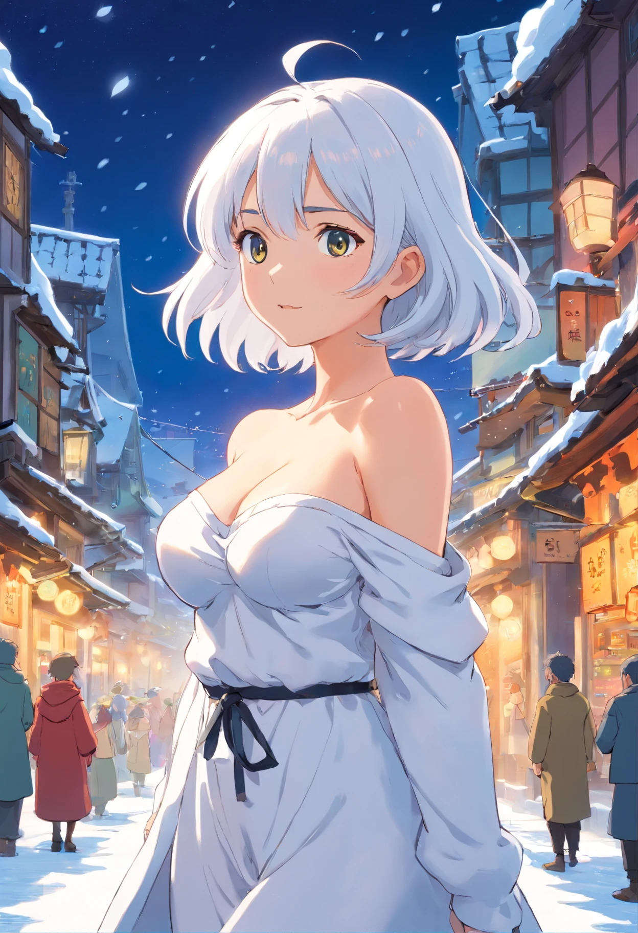 one-girl,White clothes,Off-the-shoulder attire,White hair,Huge breasts,cleavage,,Ice and snow,In the snow,Blizzarding,the street,neonlight,Open navel