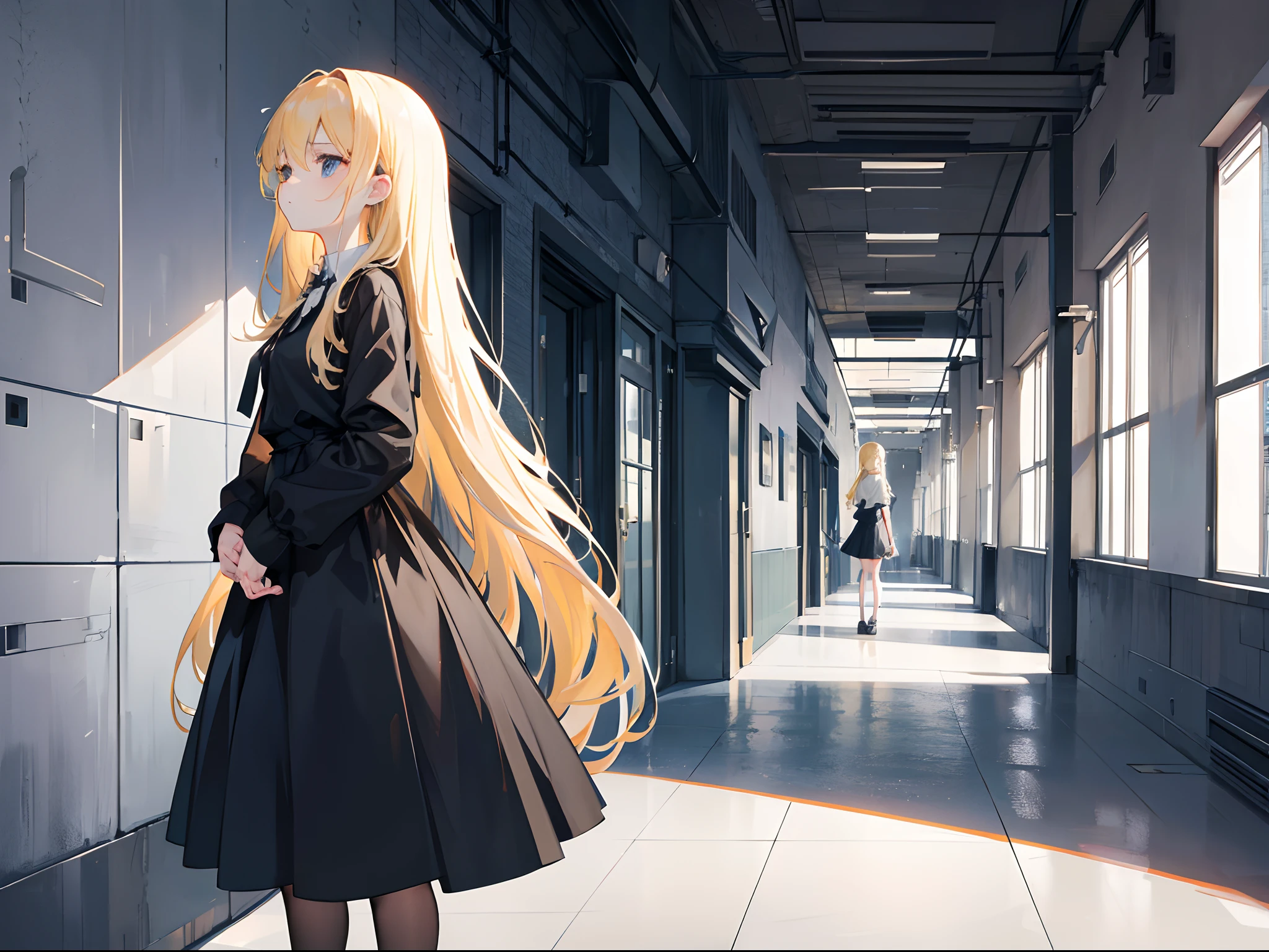 A girl with long blonde hair in a black dress:1.4,Standing downstairs at the hospital on the side of the road:1.5,Look up at the hospital building:1.6,Frustrated:1.7