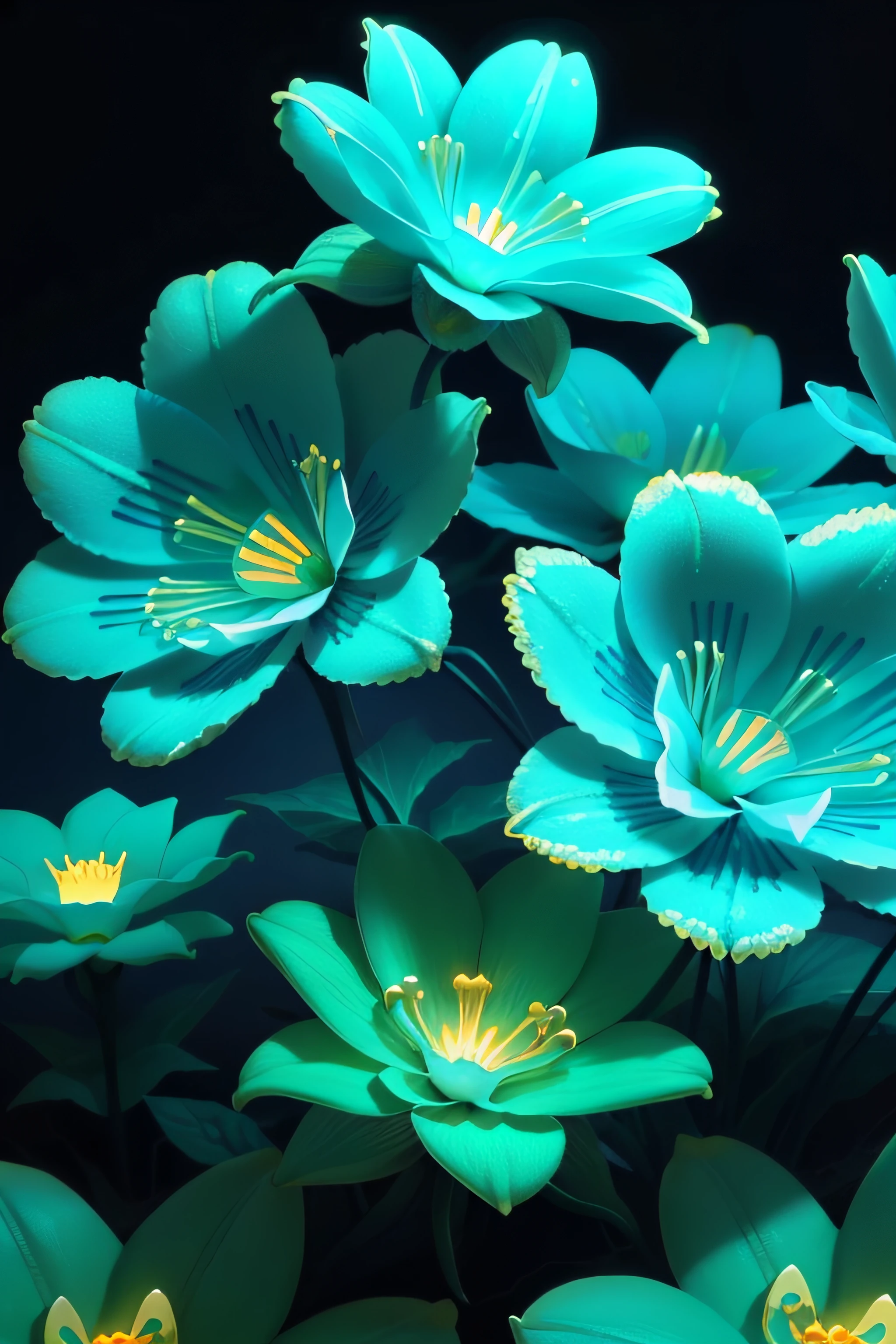 scenery, (flowers:1.5), flowers in background, close up, (bioluminescent:1.5), (gold:1.4),