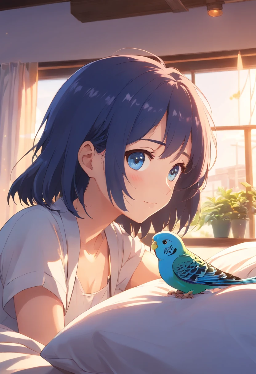 Best Quality,4K,8K,hight resolution,masutepiece:1.2),Ultra-detailed, in a house、Sleeping in bed、Where the morning sun shines in and wakes up、Gentle soft smile,Long black hair、Button pajamas that are only a little fluttering、Budgerigars are singing and waking up、With a beautiful song、Beautiful,Beautiful detailed eyes,Blue budgie,Soft blue eyes,Portraits,Subtle tones,Soft lighting