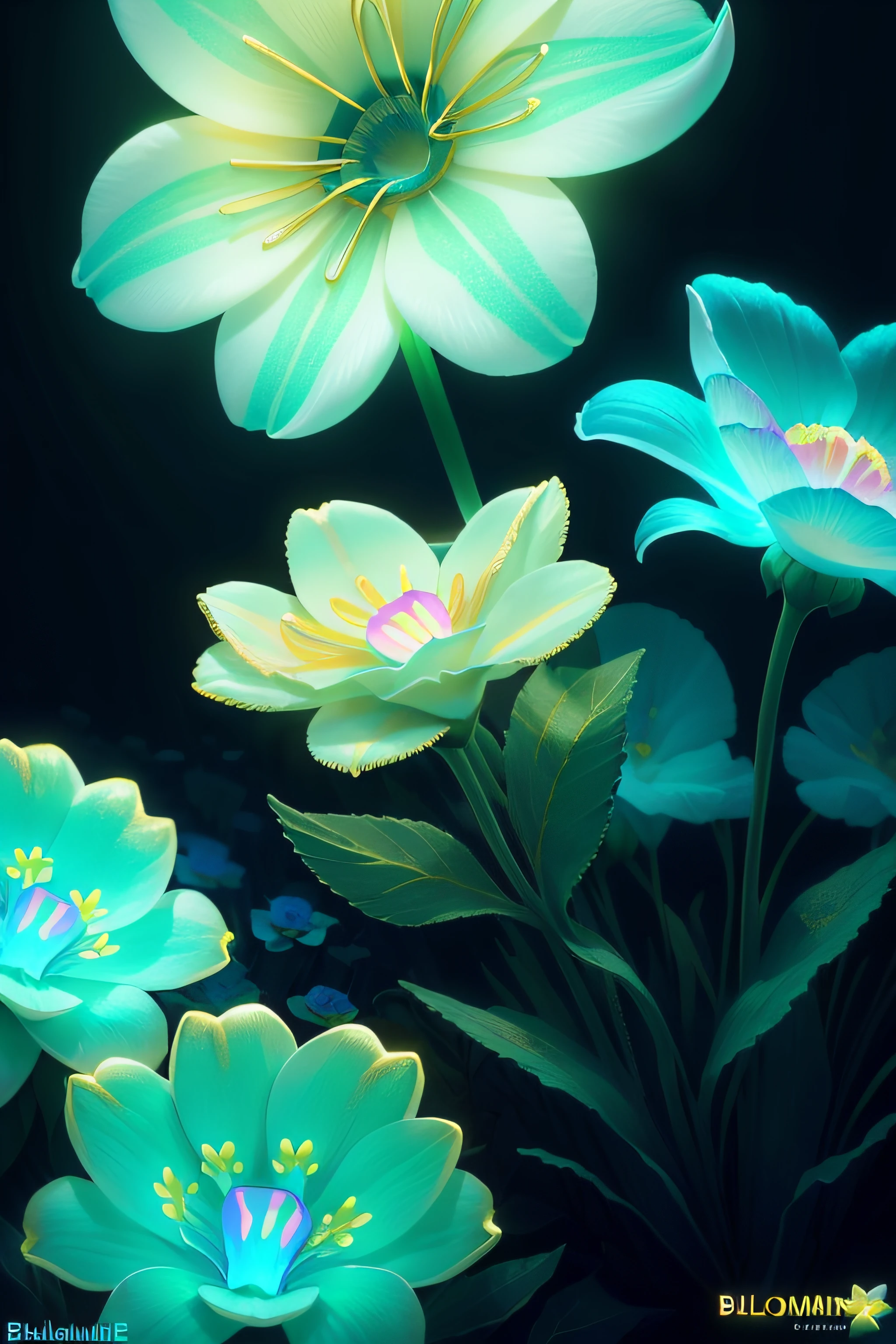 scenery, (flowers:1.5), flowers in background, close up, (bioluminescent:1.5), (gold:1.4),