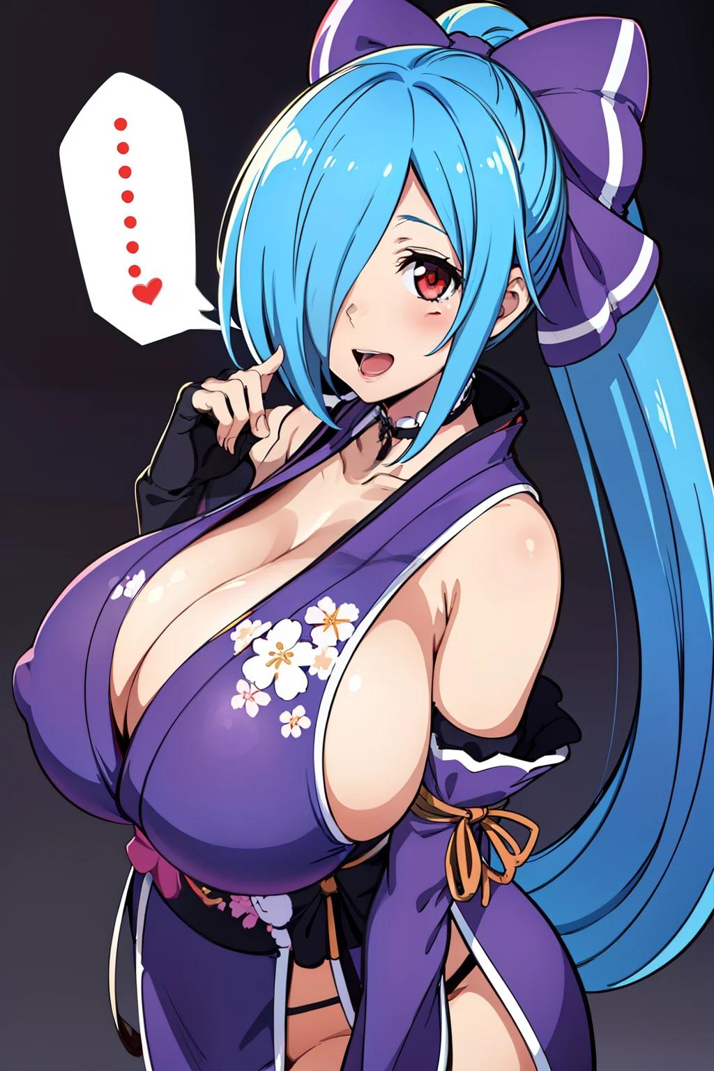 anime style, best quality, high resolution, 1waman, mature female, milf, sideboob, blush, happy, (huge breasts:1.2), cleavage, BREAK yamato iori, hair over one eye, blue hair, red eyes, ponytail, very long hair, har bow, fingerless gloves, japanese clothes, detached sleeves, looking at viewer, black gloves,