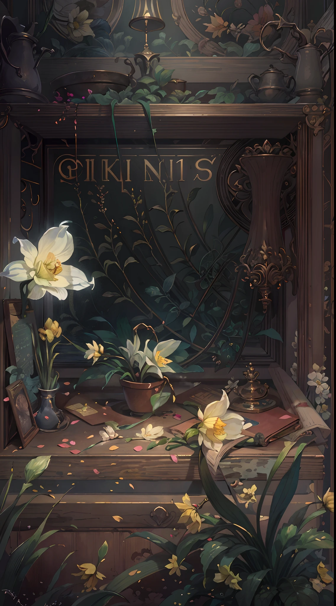 Original,(illustratio:1.1),(best qualtiy),(tmasterpiece:1.1),(the Extremely Detailed CG Unity 8K Wallpapers),(a color:1.2),Daffodil bush,Daffodil petals,