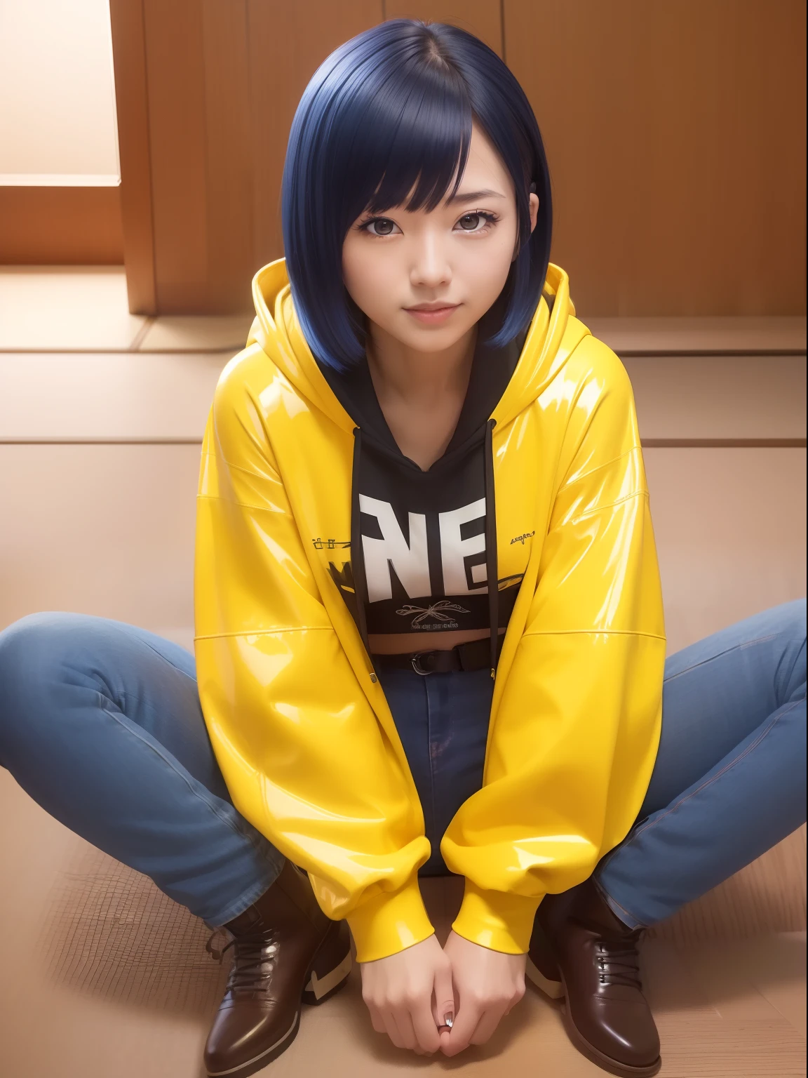 masutepiece,A hyper-realistic,32K,the Extremely Detailed CG Unity 8K Wallpapers, Best Quality,1 Beautiful Japan Woman,((Yellow latex hoodie)),((Blue jeans)),(Leather boots),Full body,traditional Japanese room,(Film grain:1.2), (Film Overlay:1.3), Night,Smile,Bob Cut Hair,