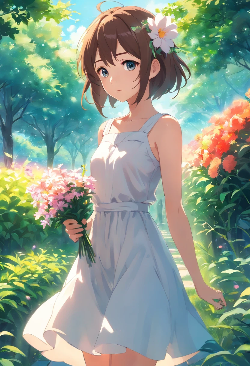 anime girl in a white dress holding a flower in a garden, beautiful anime artwork, beautiful anime art, guweiz on pixiv artstation, guweiz on artstation pixiv, beautiful anime, by Yang J, a beautiful artwork illustration, beautiful anime portrait, artwork in the style of guweiz, anime fantasy artwork, anime art wallpaper 4 k