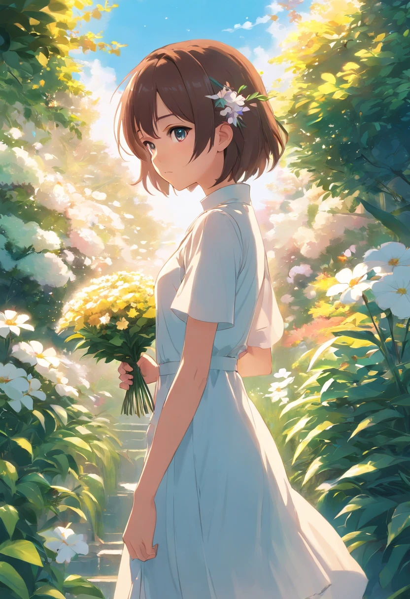 anime girl in a white dress holding a flower in a garden, beautiful anime artwork, beautiful anime art, guweiz on pixiv artstation, guweiz on artstation pixiv, beautiful anime, by Yang J, a beautiful artwork illustration, beautiful anime portrait, artwork in the style of guweiz, anime fantasy artwork, anime art wallpaper 4 k
