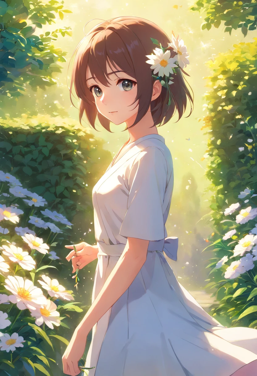 anime girl in a white dress holding a flower in a garden, beautiful anime artwork, beautiful anime art, guweiz on pixiv artstation, guweiz on artstation pixiv, beautiful anime, by Yang J, a beautiful artwork illustration, beautiful anime portrait, artwork in the style of guweiz, anime fantasy artwork, anime art wallpaper 4 k