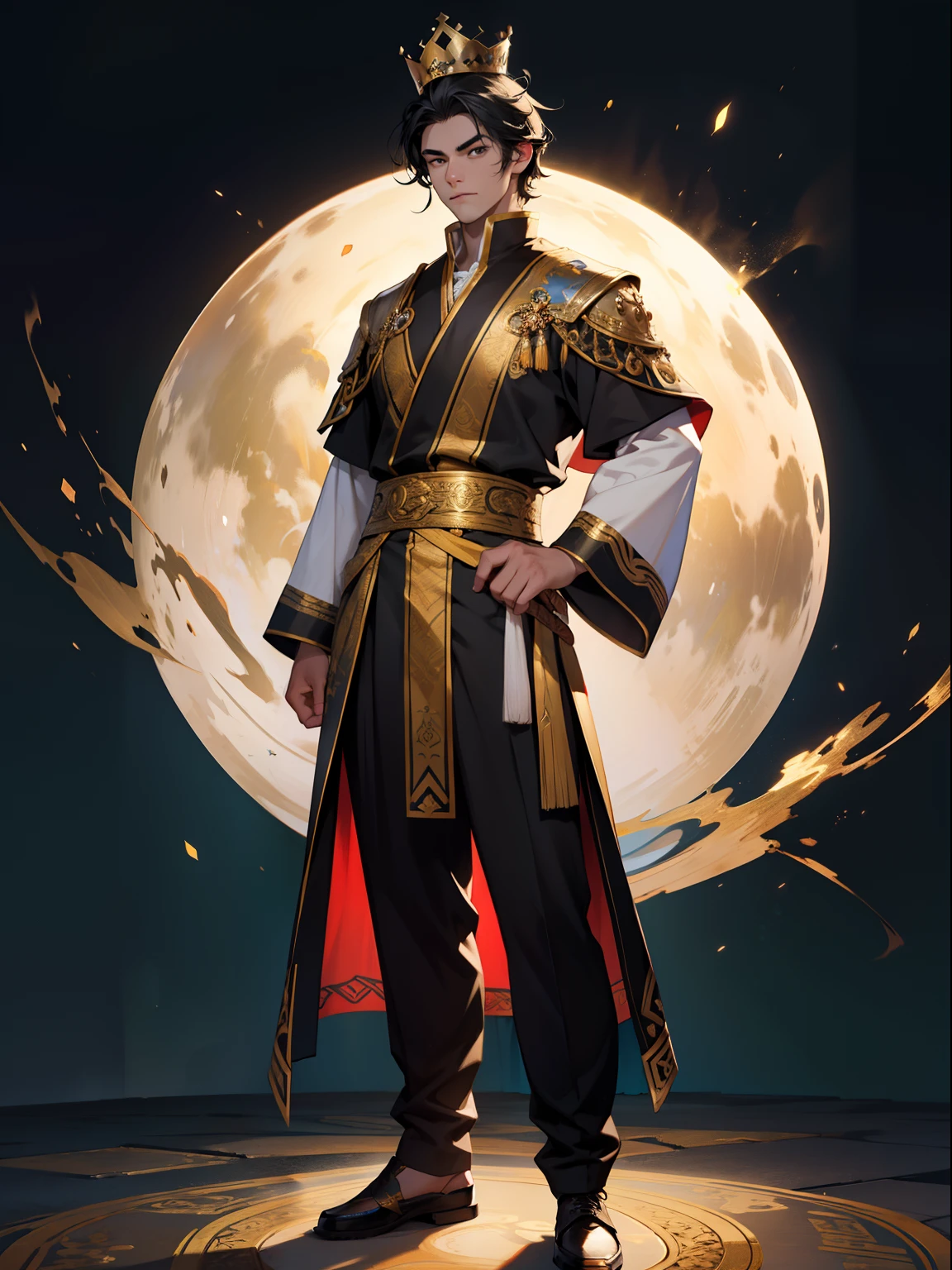 High resolution, Highest Quality, of a guy,Douluo Continent costume,Crown on head,Black hair,Mighty,standing on your feet,nigth,front, cool