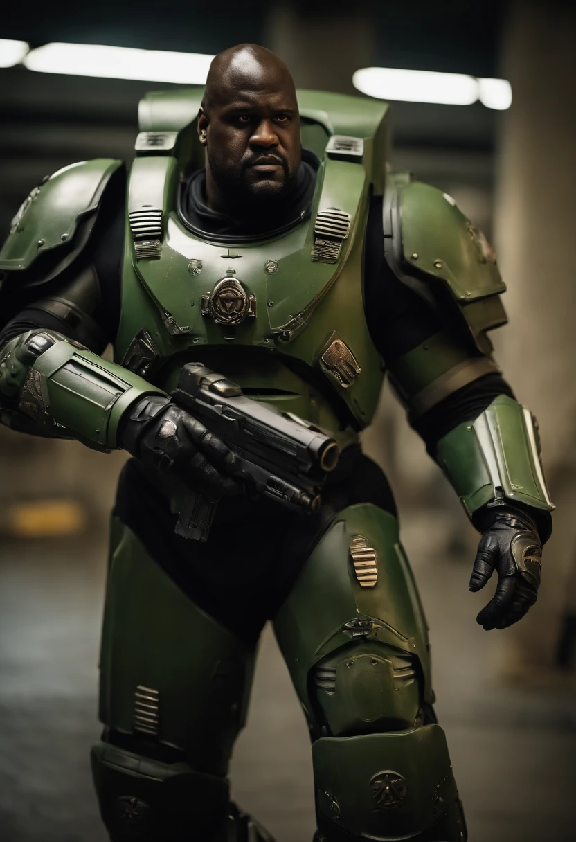 Shaquille o'neal como Um Astartes space marine ,Altamente realista, em sua armadura Power armor Cor verde, Ultra realismo, best quality, altos detalhes, Martelo de guerra40k