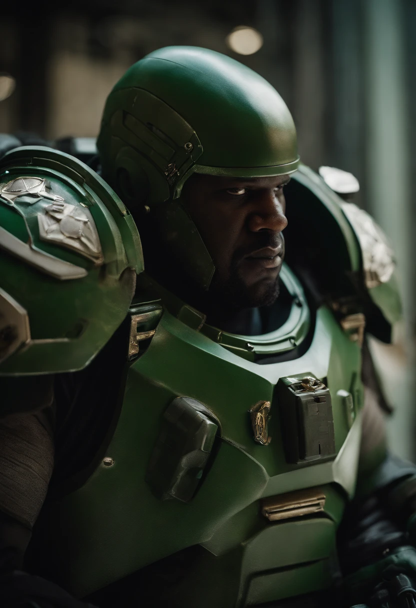 Shaquille o'neal como Um Astartes space marine ,Altamente realista, em sua armadura Power armor Cor verde, Ultra realismo, best quality, altos detalhes, Martelo de guerra40k