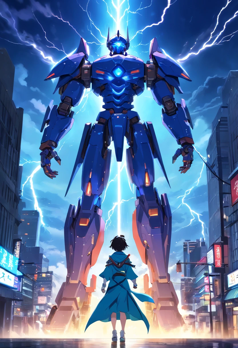 Blue Ghost Hunter, (Giant: 1.6), Super Cool Ghost Killer, Wearing blue mechanical armor, Surrounded by lightning, holding samurai sword, standing at front, super detailed, Realistic, shiny, Reflective, bio luminescent, Galaxy Control Mask, mechs, (Executioner hanged:1.2), Cape, SH4G0D, GlowingRunes_Red, Full body, movie, Dark background, Backlight, High contrast, Advanced metropolis