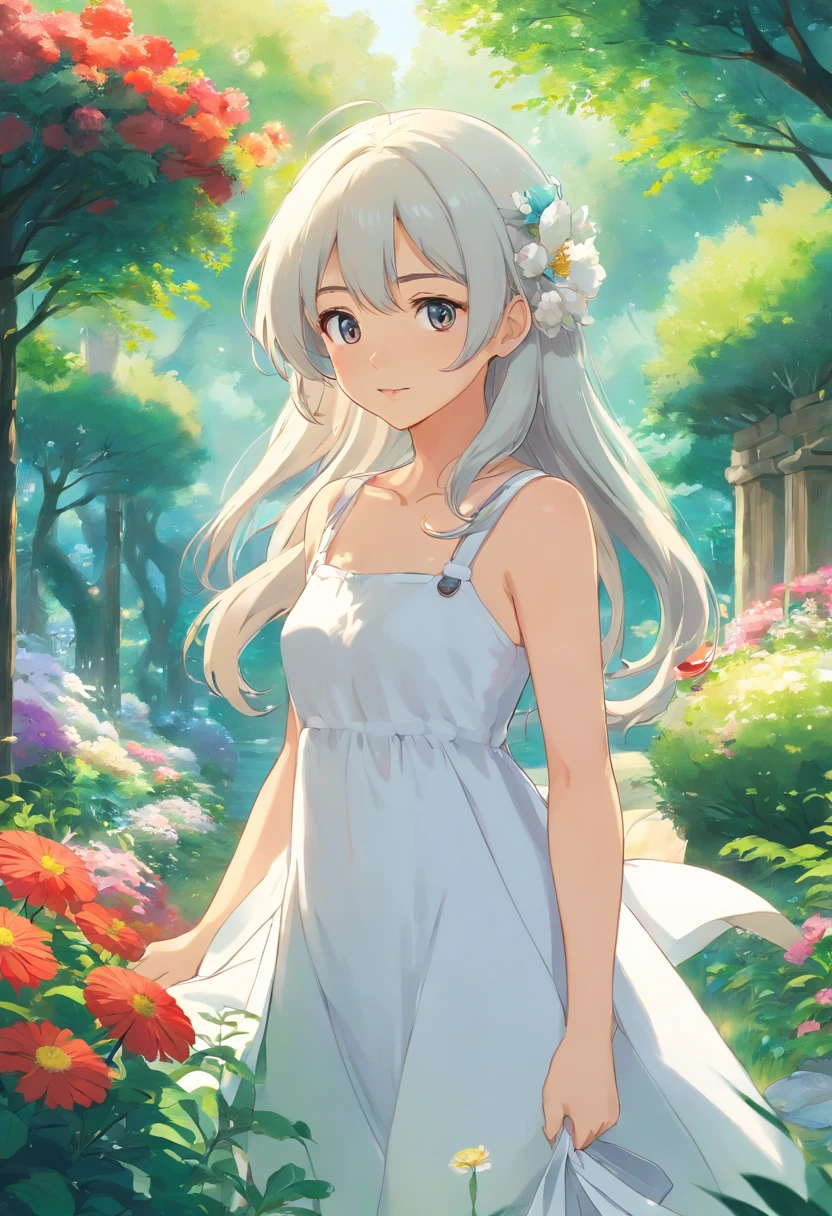anime girl in a white dress holding a flower in a garden, beautiful anime artwork, beautiful anime art, guweiz on pixiv artstation, guweiz on artstation pixiv, beautiful anime, by Yang J, a beautiful artwork illustration, beautiful anime portrait, artwork in the style of guweiz, anime fantasy artwork, anime art wallpaper 4 k