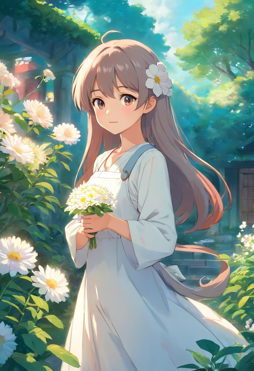 anime girl in a white dress holding a flower in a garden, beautiful anime artwork, beautiful anime art, guweiz on pixiv artstation, guweiz on artstation pixiv, beautiful anime, by Yang J, a beautiful artwork illustration, beautiful anime portrait, artwork in the style of guweiz, anime fantasy artwork, anime art wallpaper 4 k