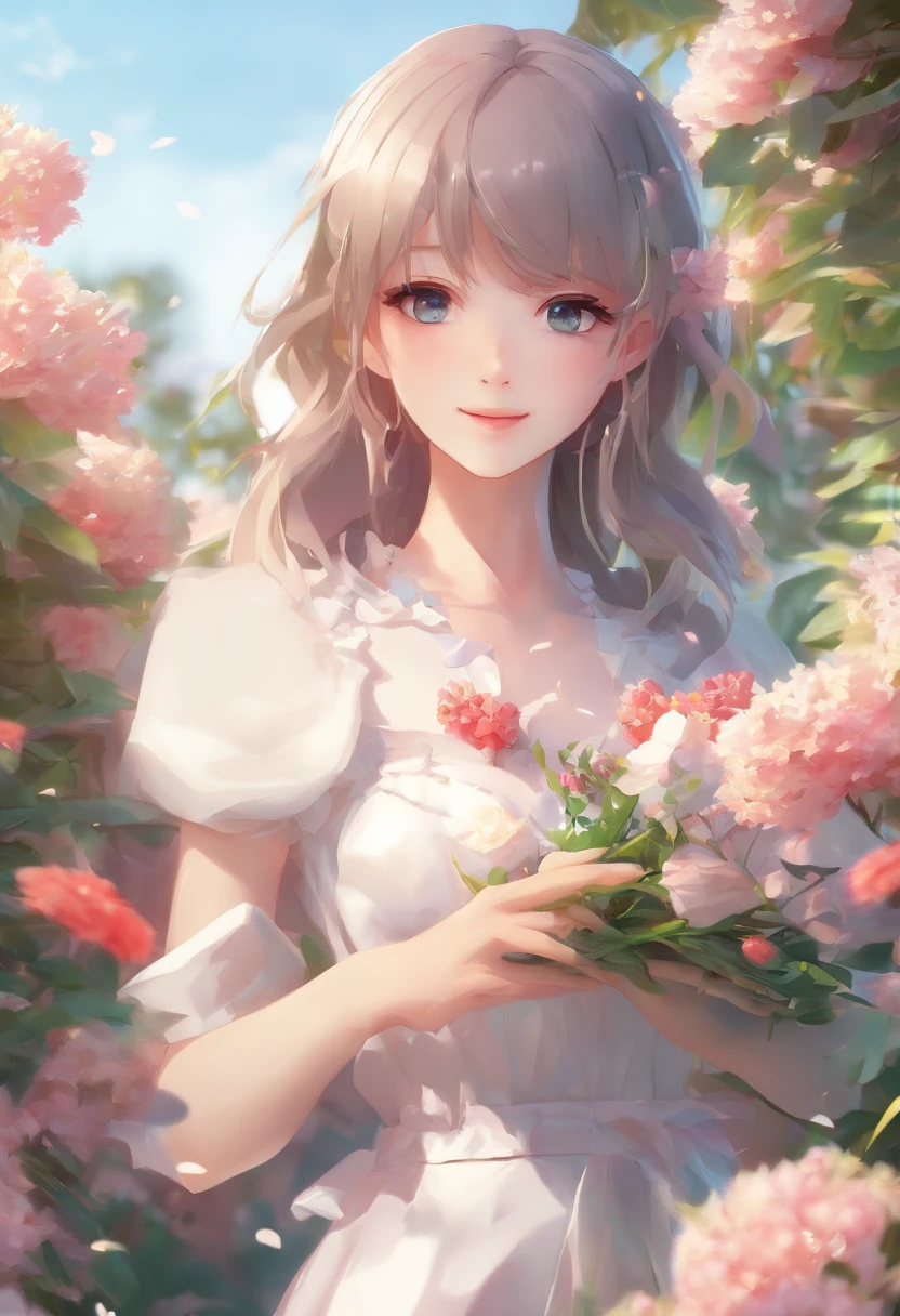 anime girl in a white dress holding a flower in a garden, beautiful anime artwork, beautiful anime art, guweiz on pixiv artstation, guweiz on artstation pixiv, beautiful anime, by Yang J, a beautiful artwork illustration, beautiful anime portrait, artwork in the style of guweiz, anime fantasy artwork, anime art wallpaper 4 k