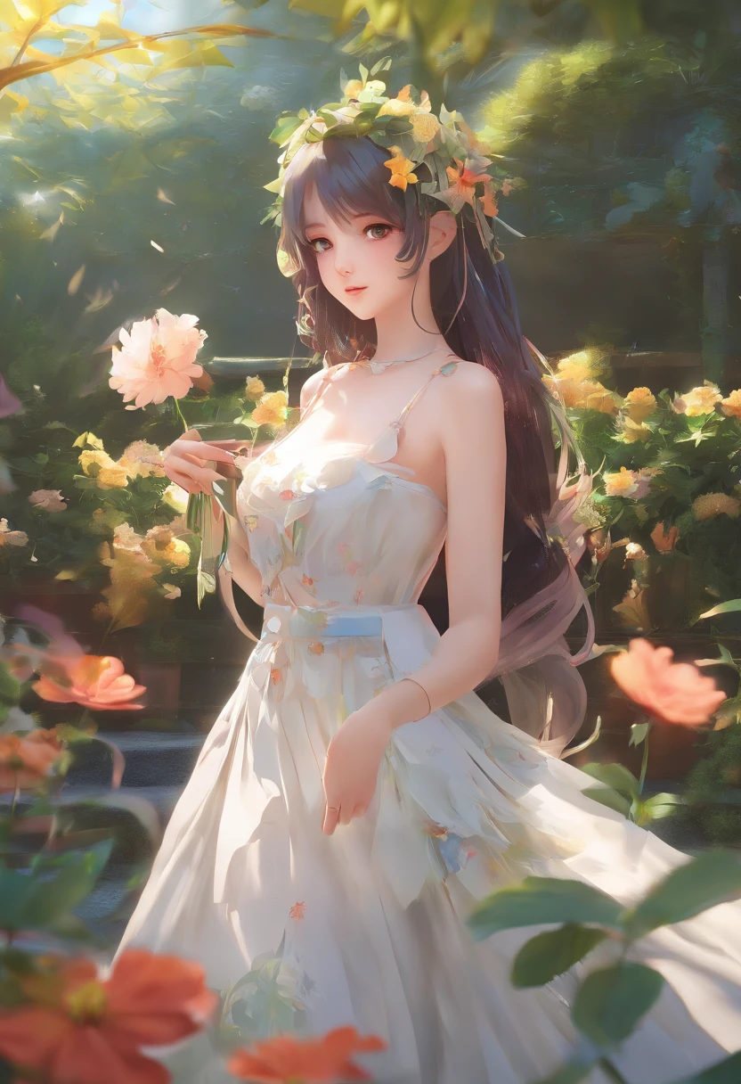 anime girl in a white dress holding a flower in a garden, beautiful anime artwork, beautiful anime art, guweiz on pixiv artstation, guweiz on artstation pixiv, beautiful anime, by Yang J, a beautiful artwork illustration, beautiful anime portrait, artwork in the style of guweiz, anime fantasy artwork, anime art wallpaper 4 k