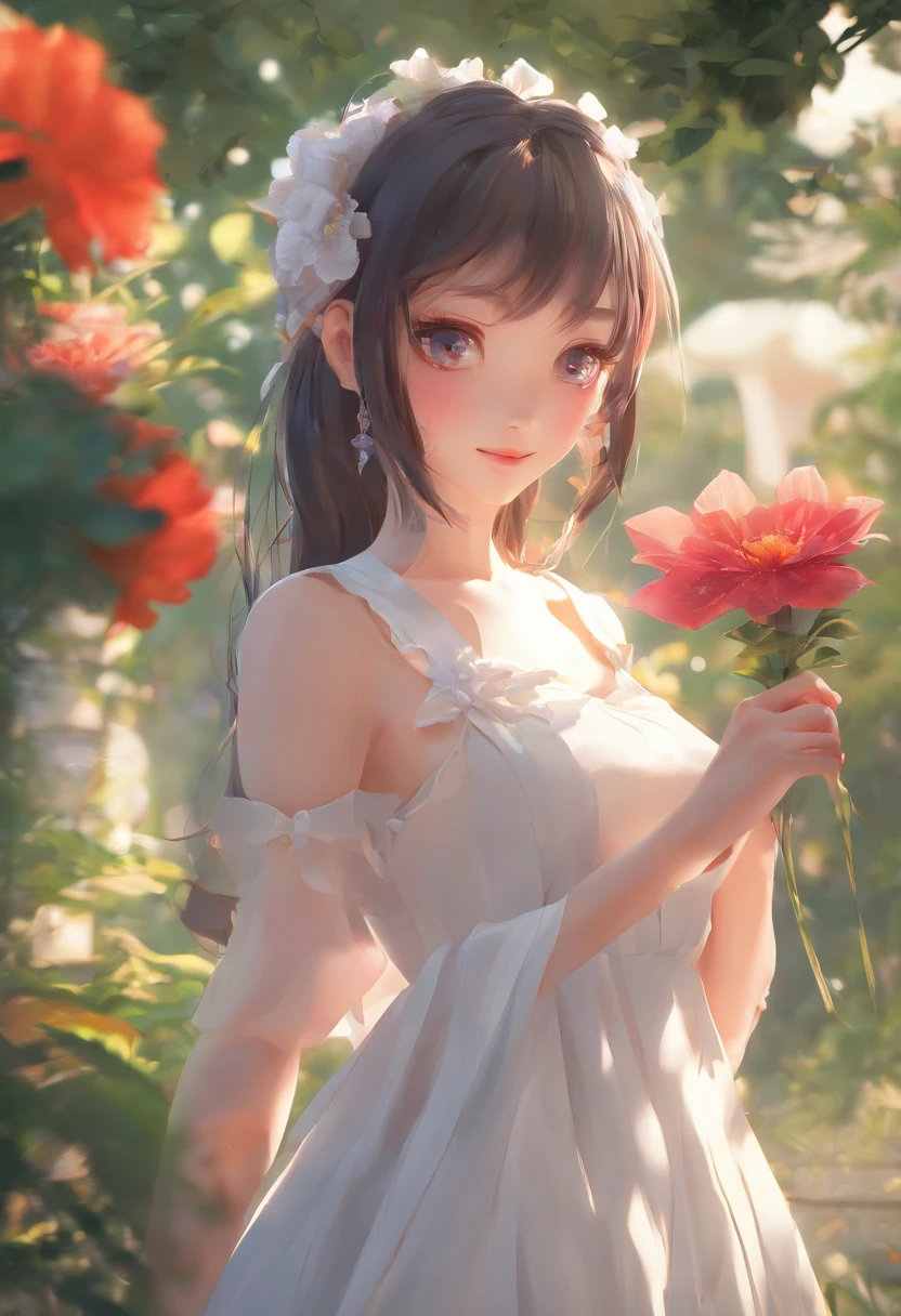anime girl in a white dress holding a flower in a garden, beautiful anime artwork, beautiful anime art, guweiz on pixiv artstation, guweiz on artstation pixiv, beautiful anime, by Yang J, a beautiful artwork illustration, beautiful anime portrait, artwork in the style of guweiz, anime fantasy artwork, anime art wallpaper 4 k