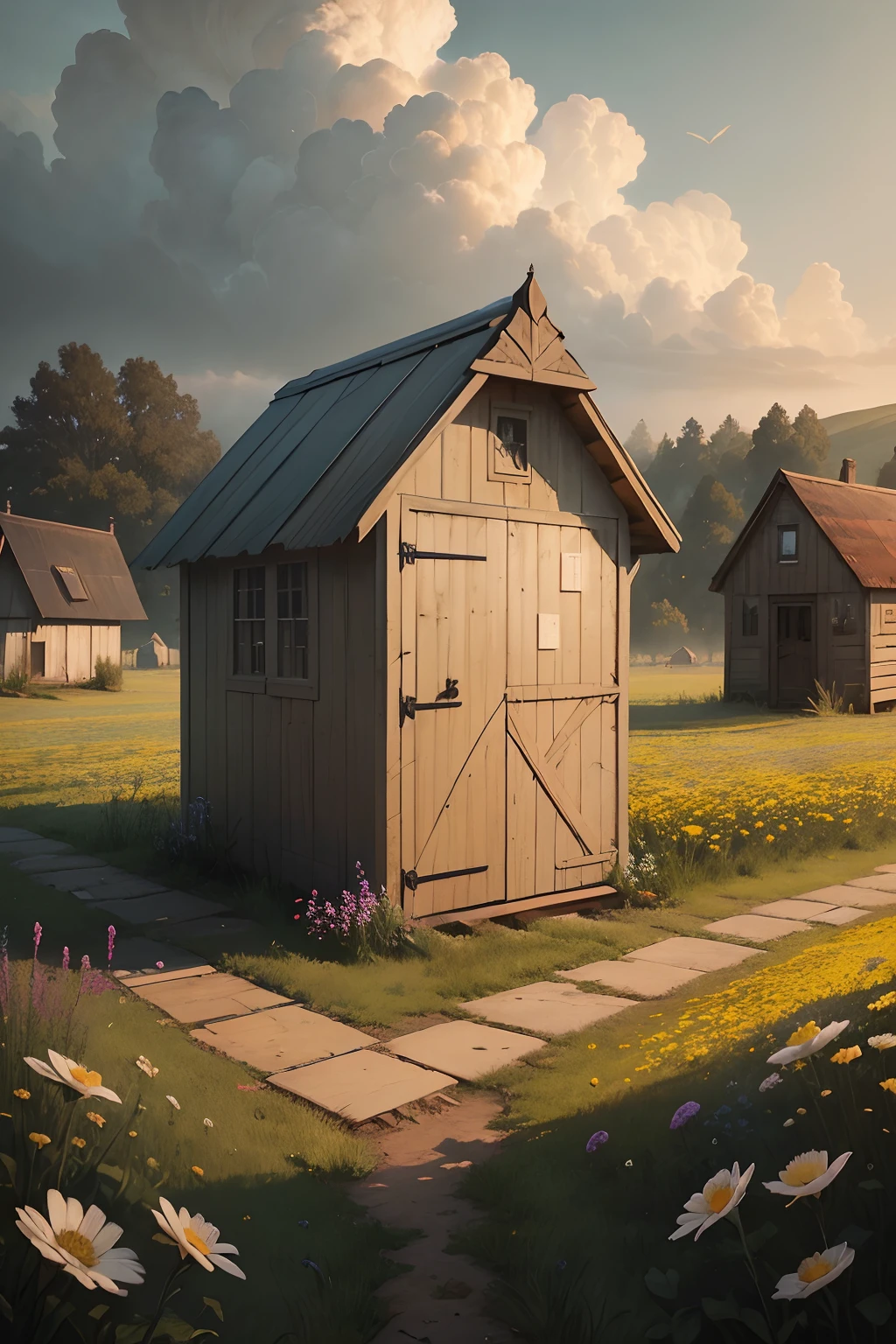 Closeup Lovely but thought provoking Environmental Art in the style of Andrea Kowch and Stanley Donwood small wooden shed in the countryside with flowers, in the style of realistic fantasy artwork, earth tone color palette, dramatic brushwork, dreamy and romantic, rococo-inspired art, fantastical street, smokey background
