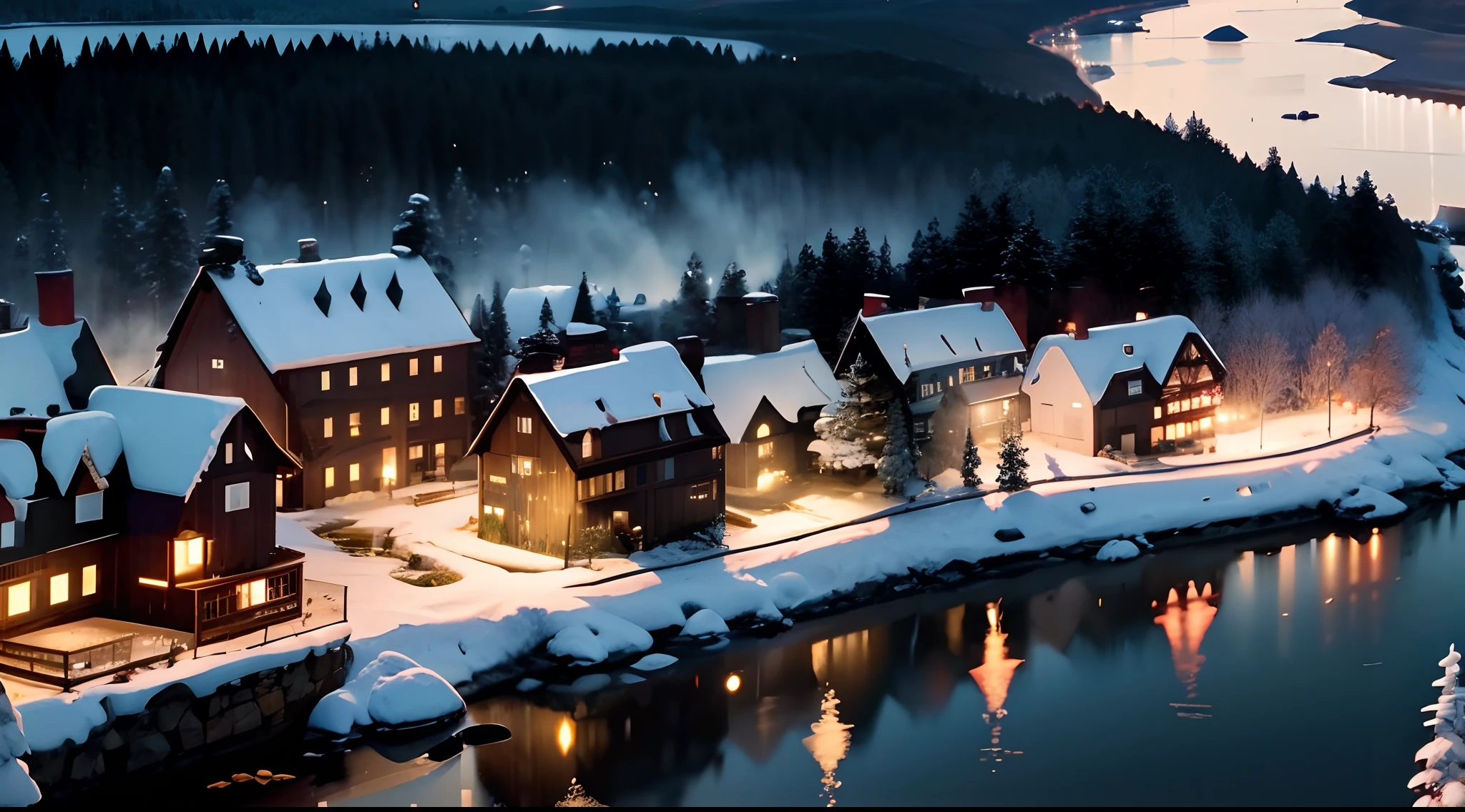 Oslo, a snowy metropolis built next to a fjord and within forest in Scandinavia with Norway style, land is covered with snow, coastal, next to Jutland Sea, trade and navigation hub, surrounded by conifer forest, town built along a bay, very small island in the bay, vulgar and diversified and medium 24 houses some near some faraway with dirt road situated on shore in the image, 1Sawmill, log stacked in the town, climate is very cold and humid, Castle in the middle and on a hill, wall and gate surrounding the town, background is forest, big scale, big size, sunset, random views, landscape, beautiful sky, 16th century, renaissance, age of exploration